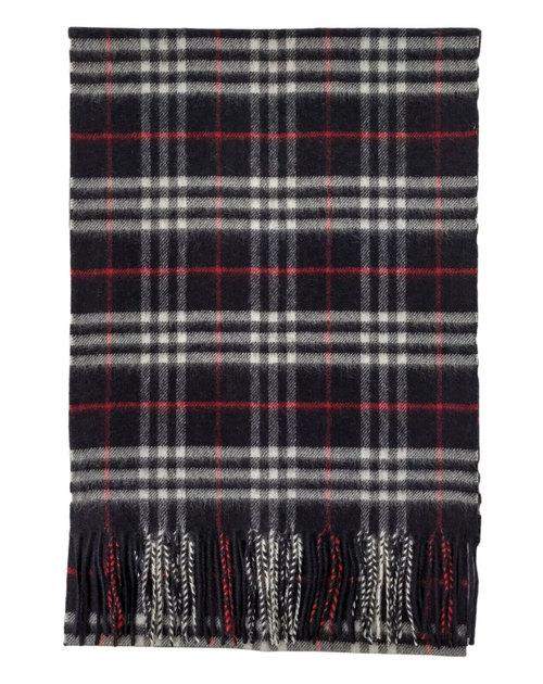 Burberry Navy Vintage Checker Cashmere Long Scarf with Fringe