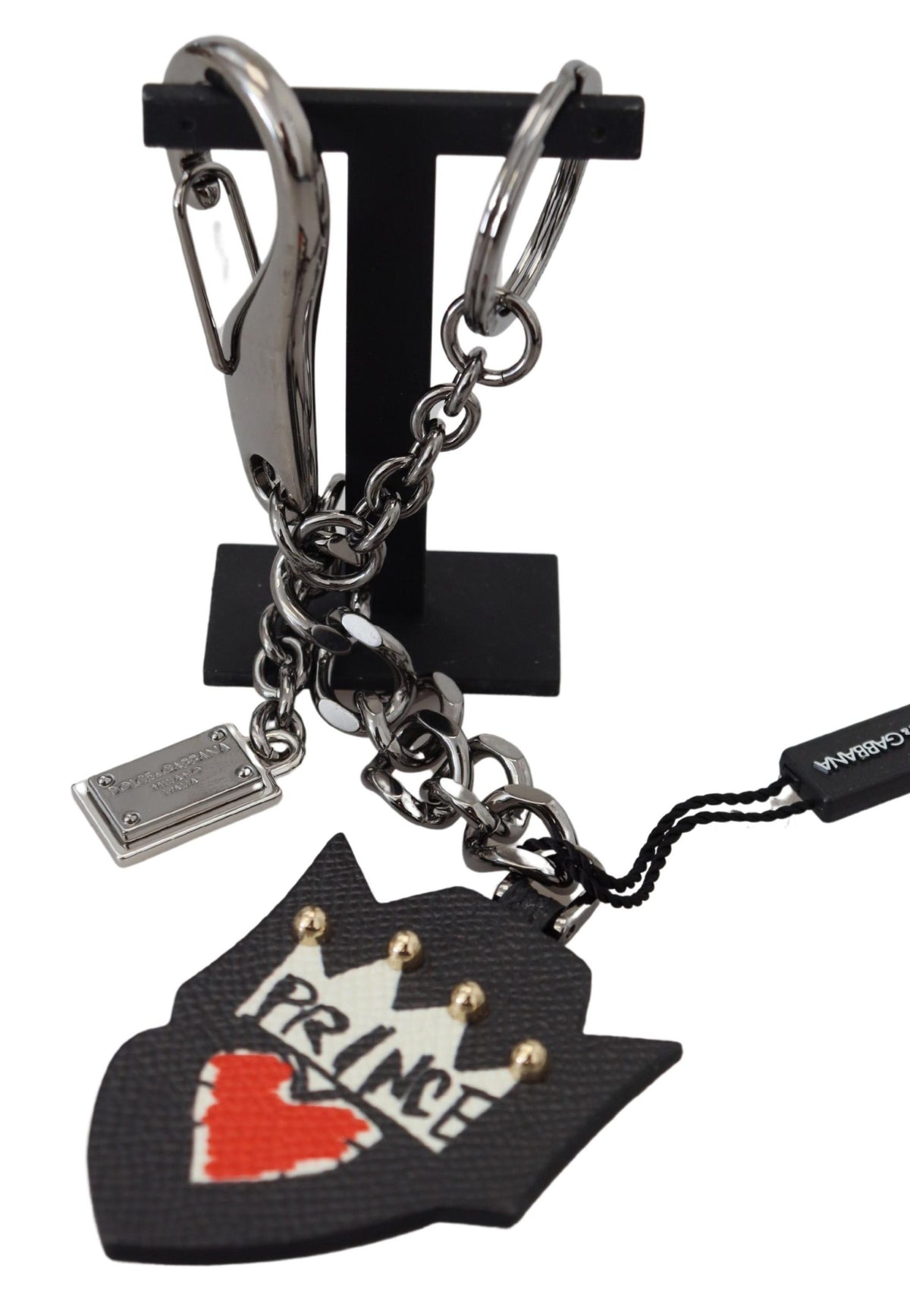 Dolce & Gabbana Black Prince Studs Logo Silver Brass Men's Keychain