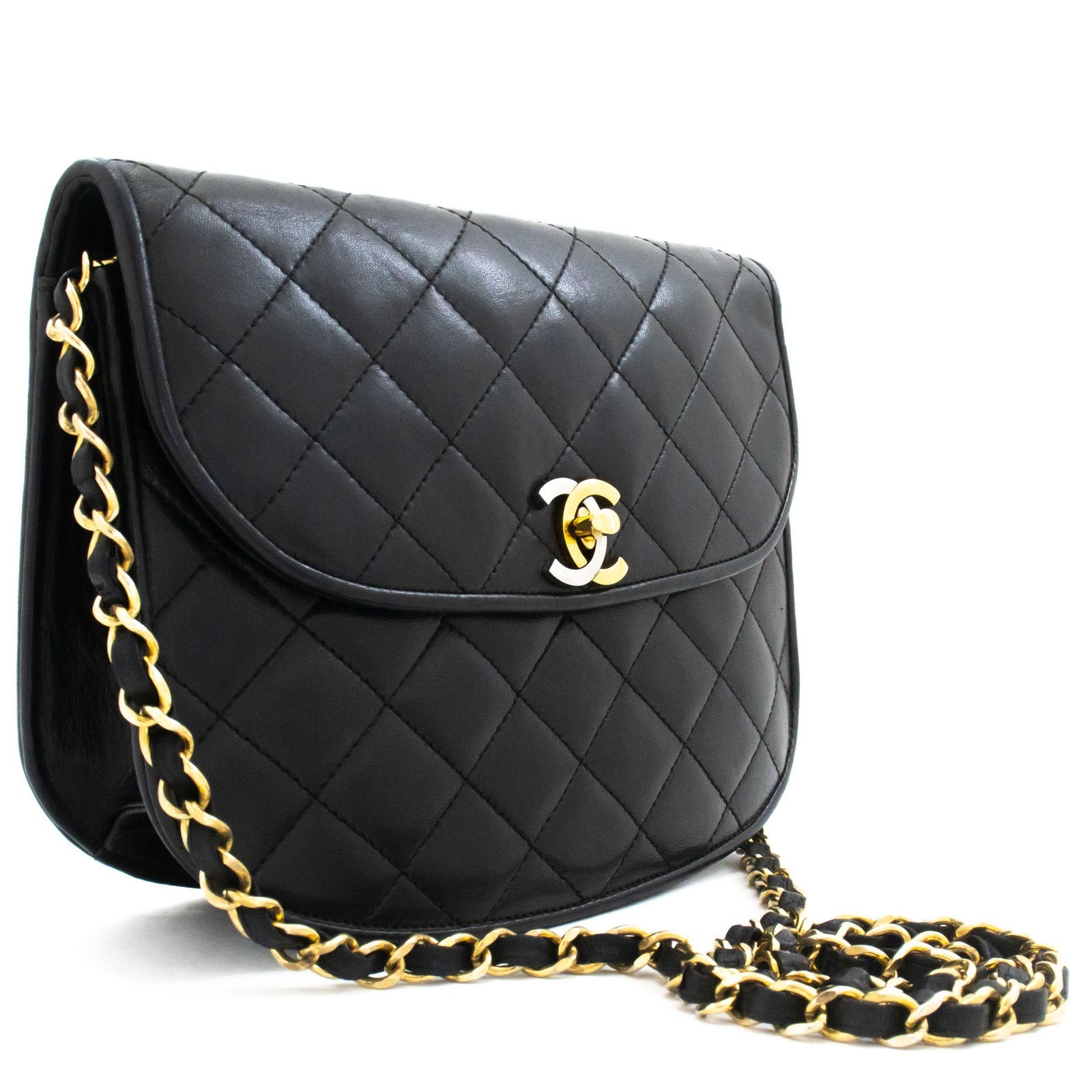 Chanel Vintage Round Flap Quilted Lambskin Black Leather Shoulder Bag Bag (Pre-Owned)