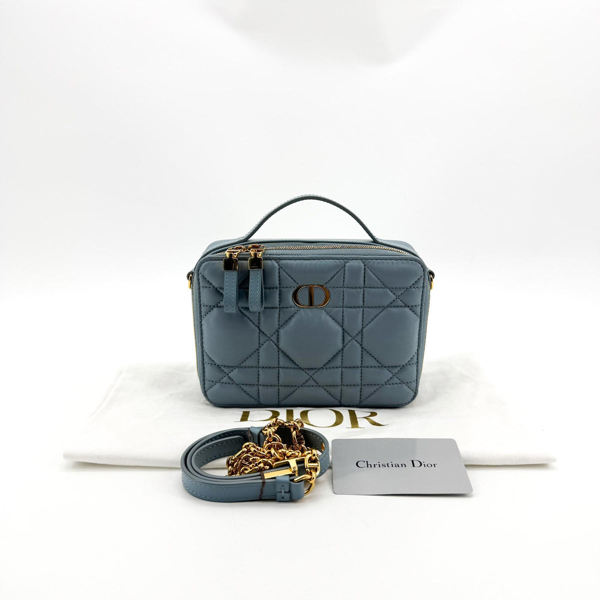 Christian Dior Caro Box Bag With Chain Macrocannage Quilt Calfskin Blue Leather Handbag (Pre-Owned)