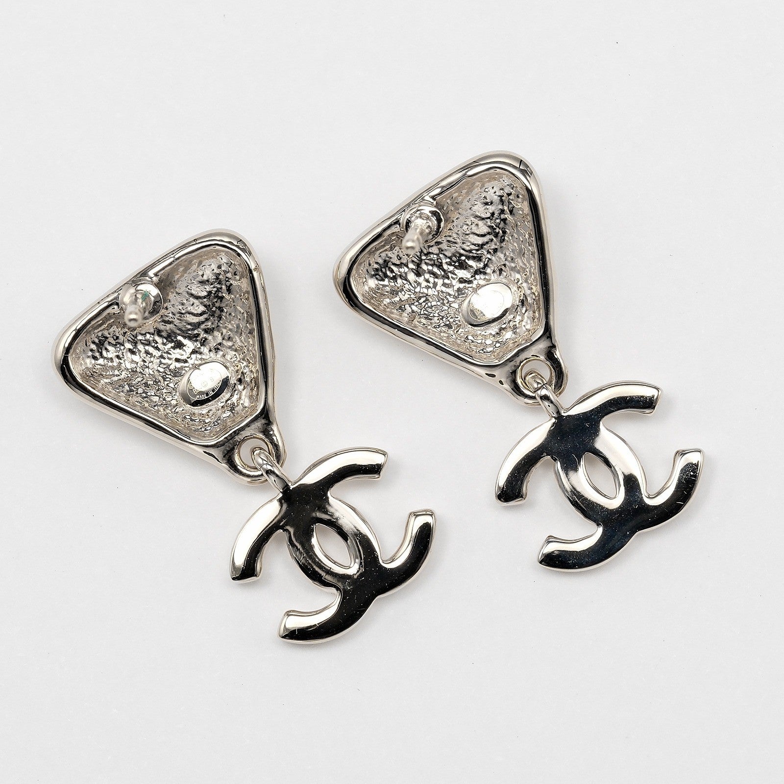 Chanel Cc Drop Stud Metal With Crystal Silver Metal Earrings Jewelry (Pre-Owned)