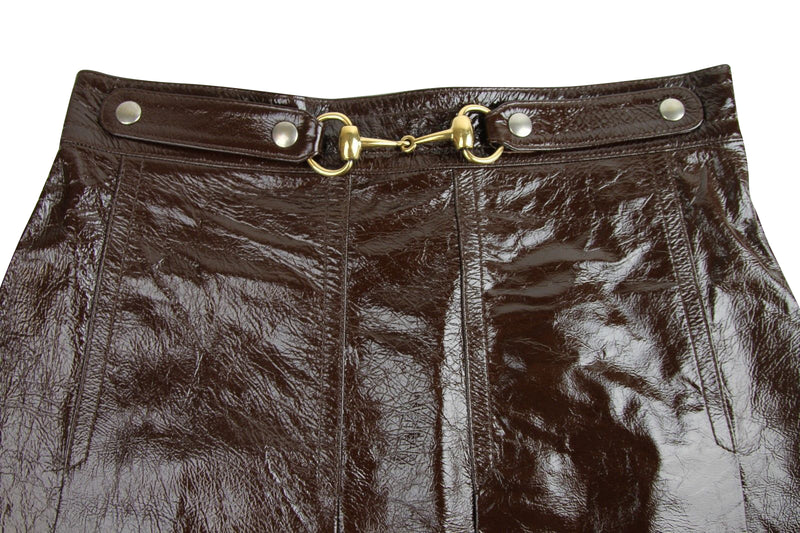 Gucci Women's Horsebit Dark Brown Patent Leather Straight Skirt (G 40)