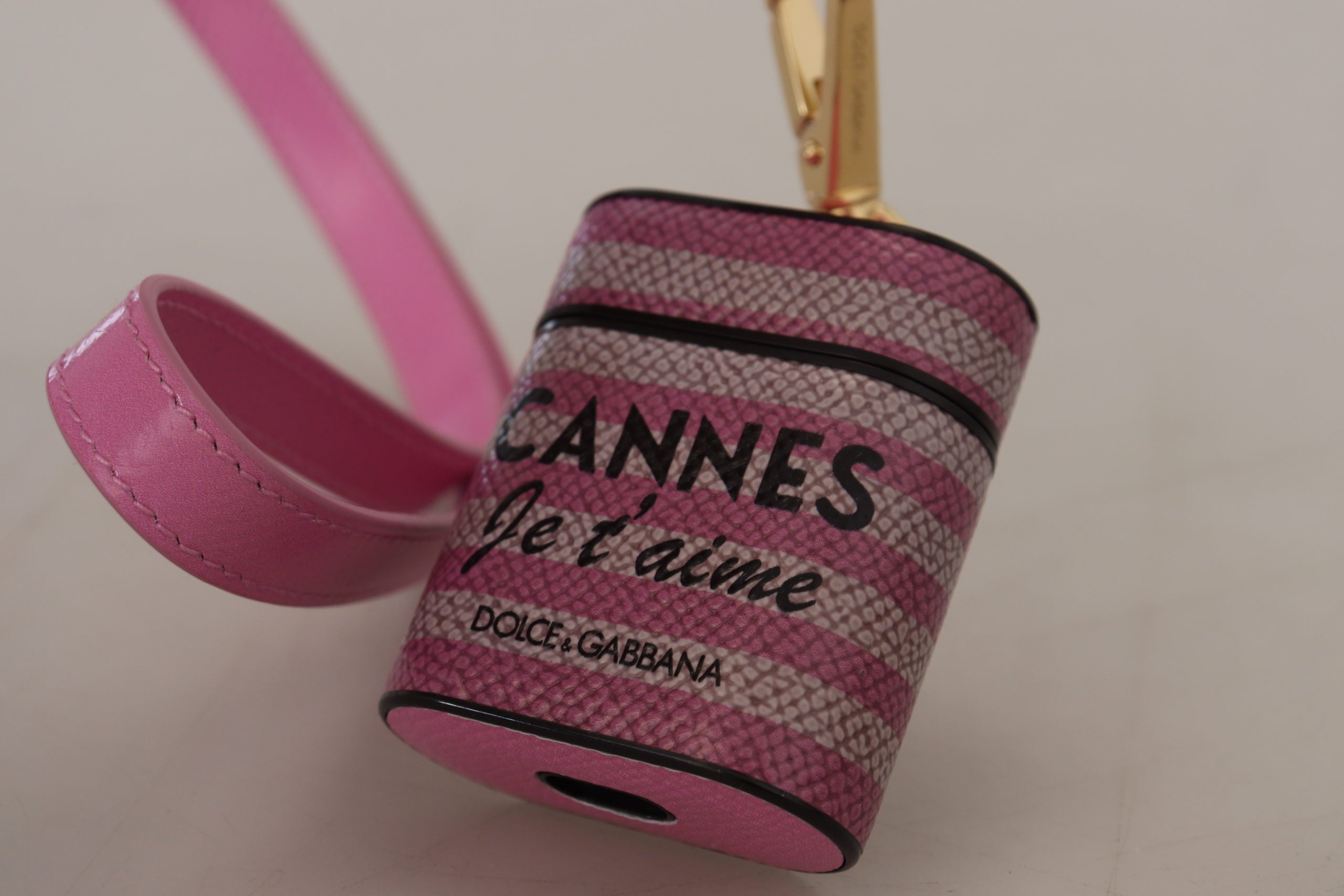 Dolce & Gabbana Pink Black Leather Strap Gold Metal Logo Airpods Women's Case