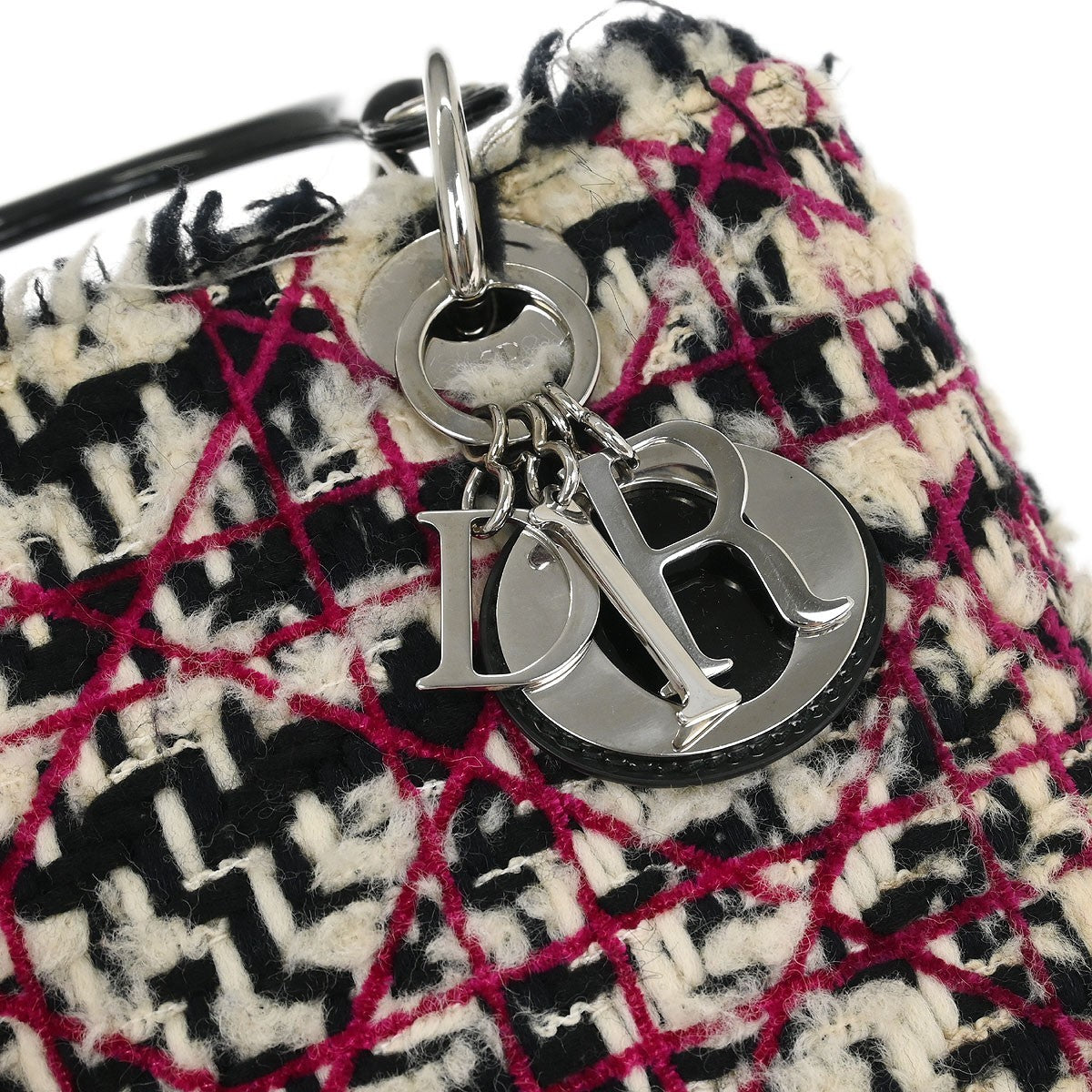 Christian Dior Lady Dior Chain Cannage Tweed Purple,Beige,Black Tweed,Patent_Leather Handbag (Pre-Owned)