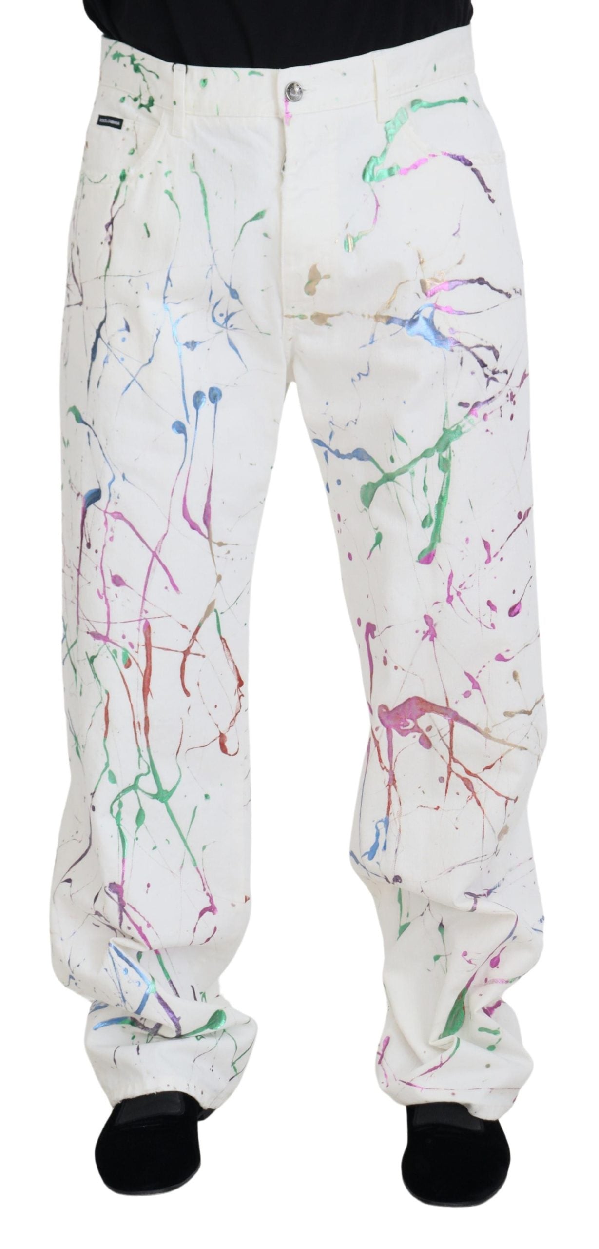 Dolce & Gabbana Chic White Splash Print Denim Men's Pants