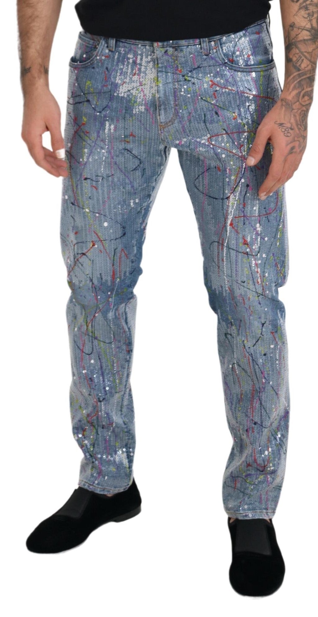 Dolce & Gabbana Blue Cotton Color Splash Print Denim Men's Jeans