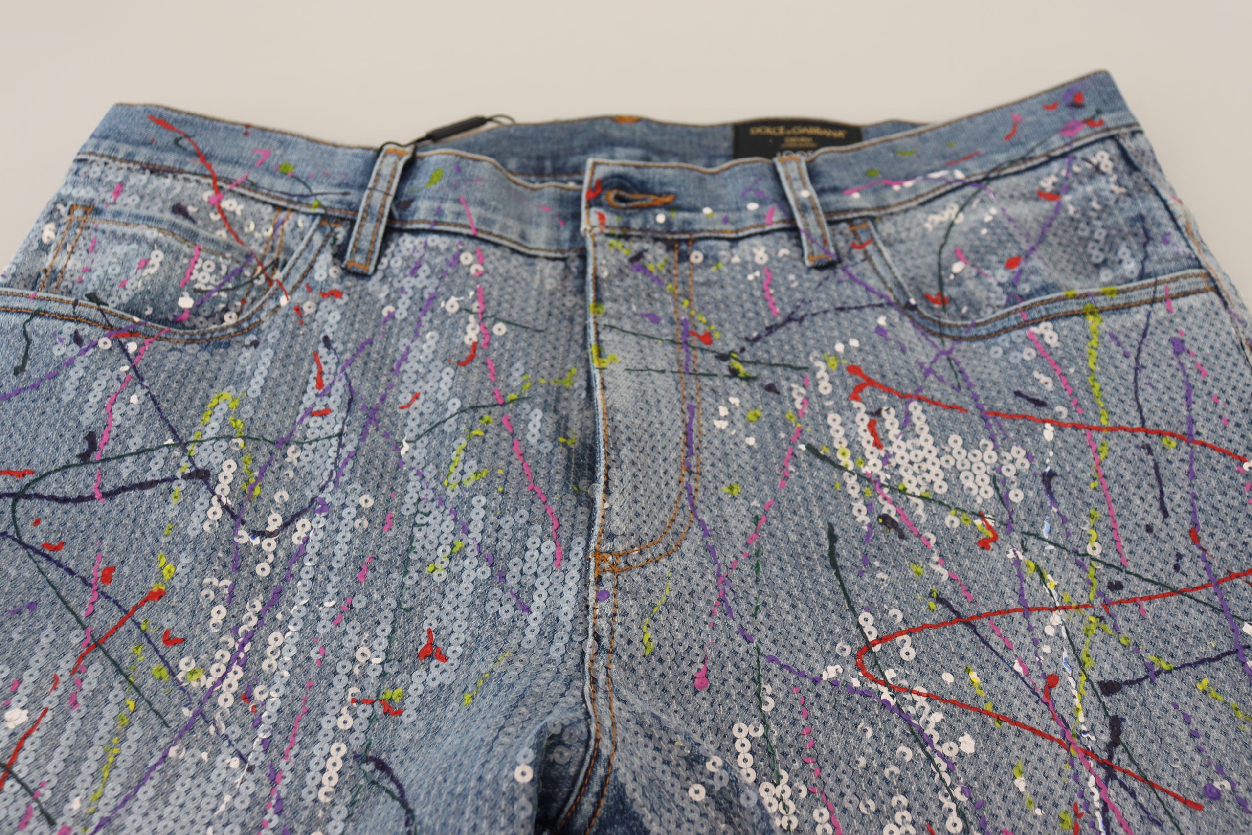Dolce & Gabbana Blue Cotton Color Splash Print Denim Men's Jeans