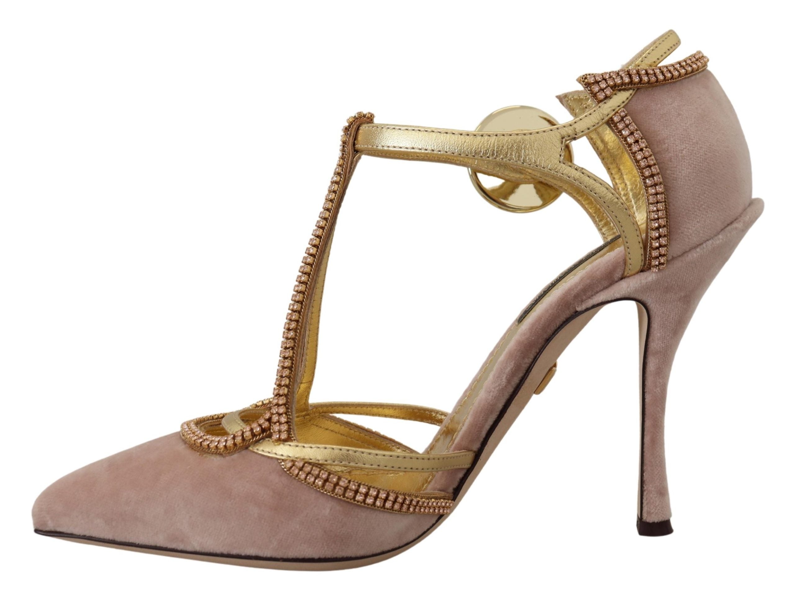Dolce & Gabbana Pink Crystal T-strap Heels Pumps Women's Shoes