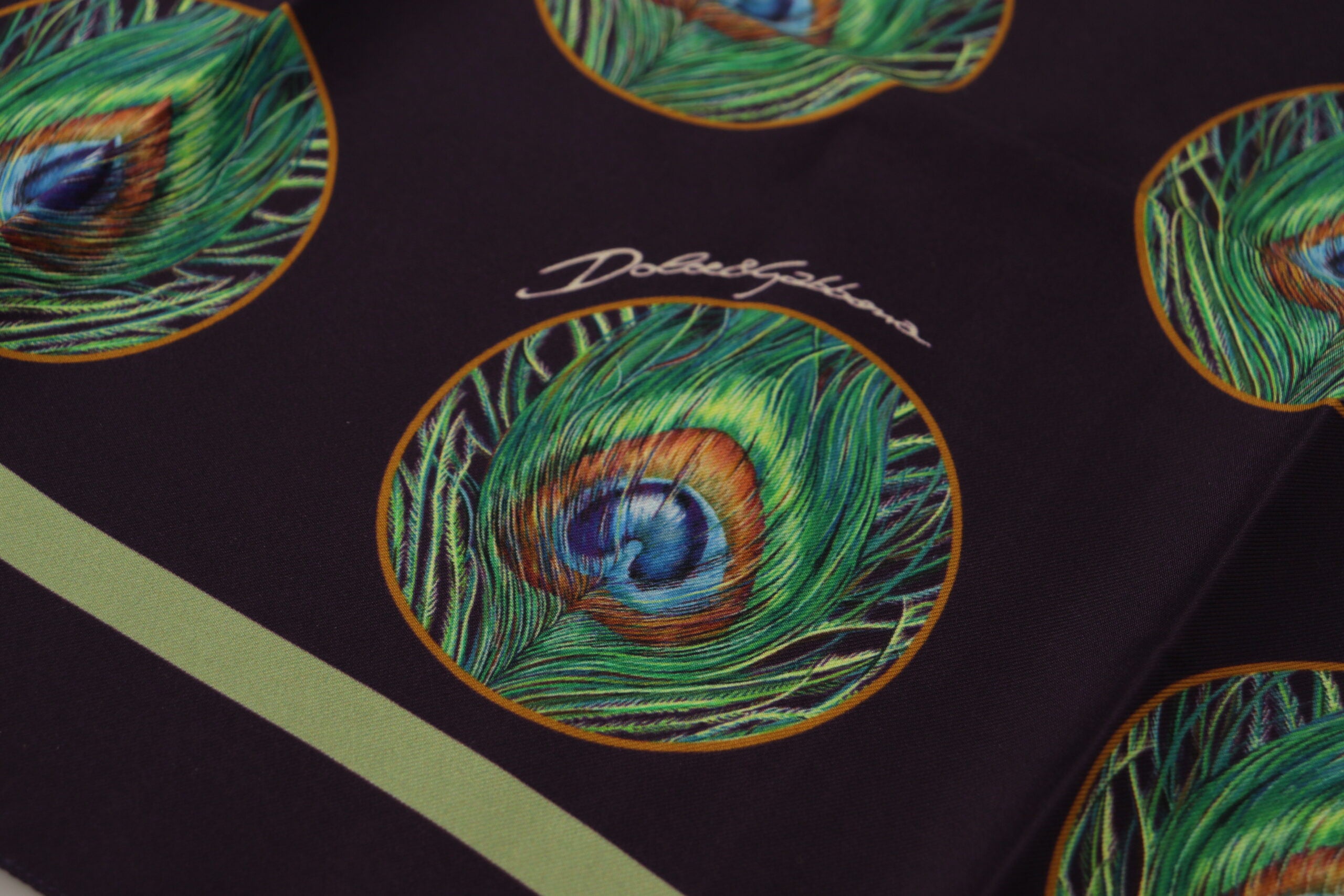 Dolce & Gabbana Black Peacock Feather DG Printed Square Handkerchief Men's Scarf