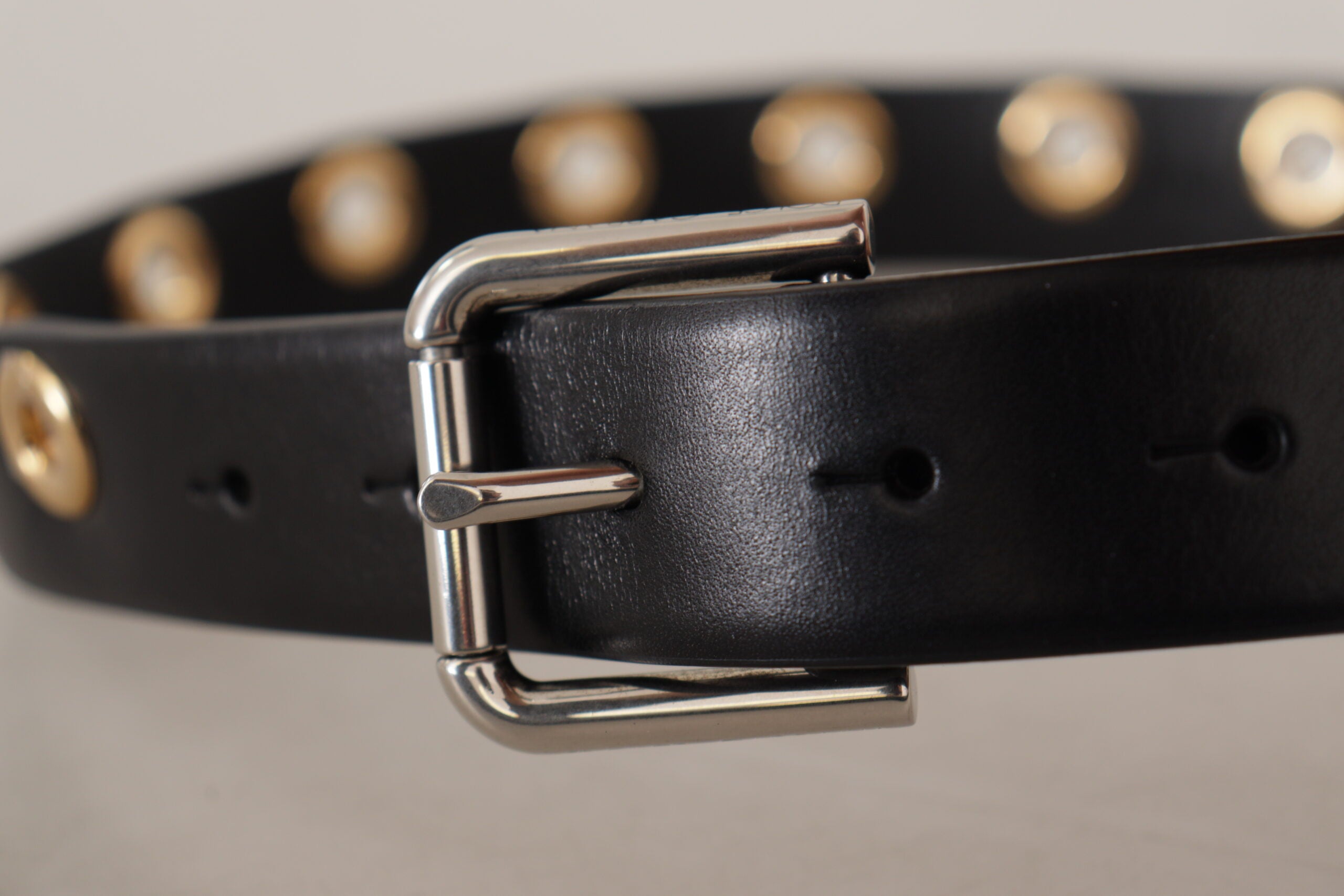 Dolce & Gabbana Black Leather Eyelet Silver Tone Metal Buckle Women's Belt