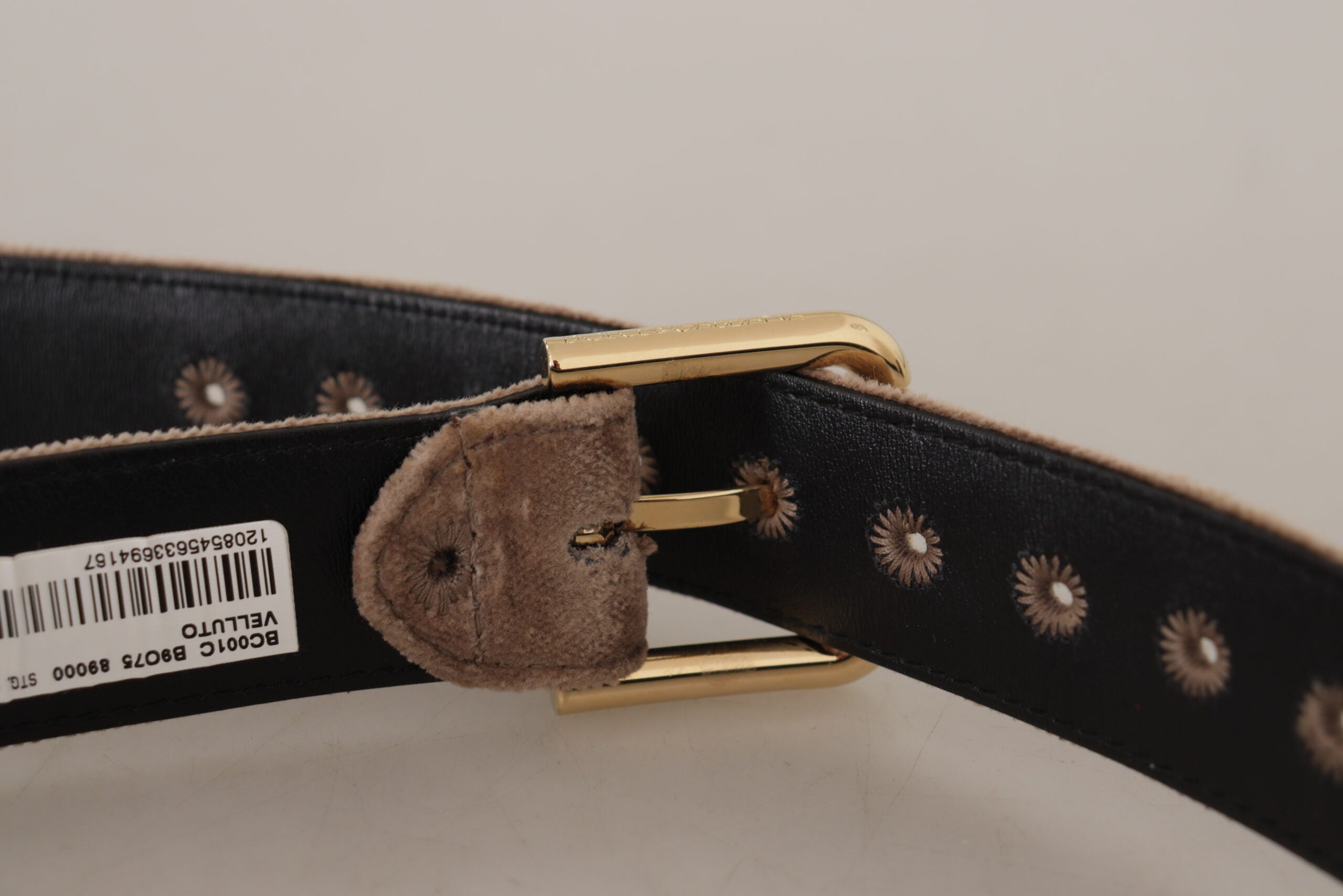 Dolce & Gabbana Light Brown Velvet Gold Tone Logo Metal Buckle Women's Belt