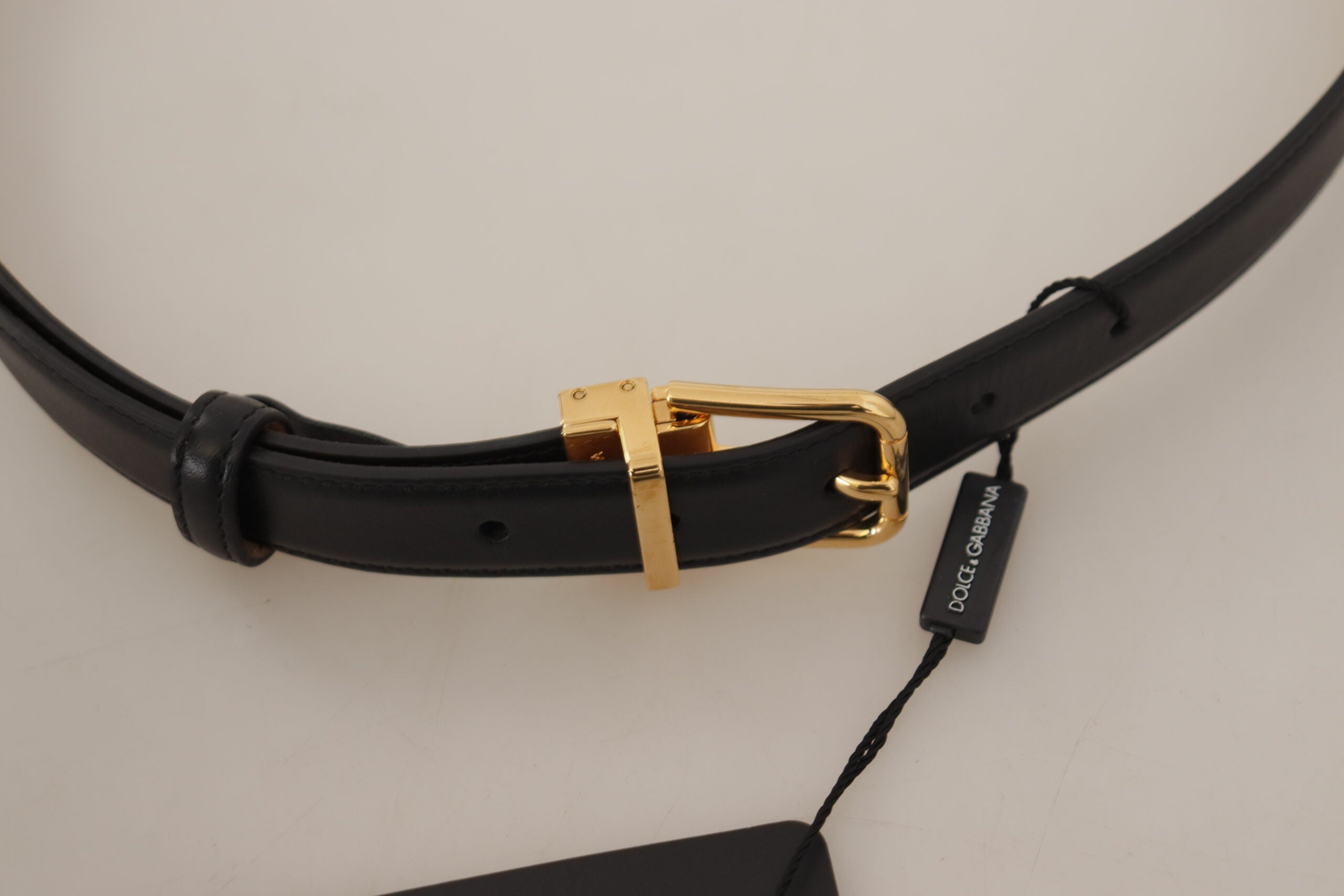 Dolce & Gabbana Black Calf Leather Gold Metal Logo Waist Buckle Women's Belt