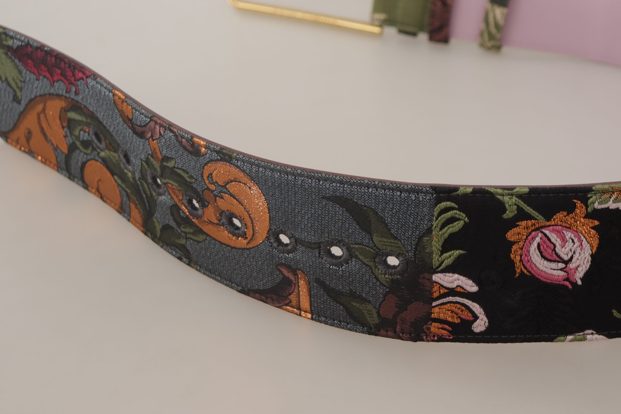Dolce & Gabbana Multicolor Leather Embroidered Gold Metal Buckle Women's Belt
