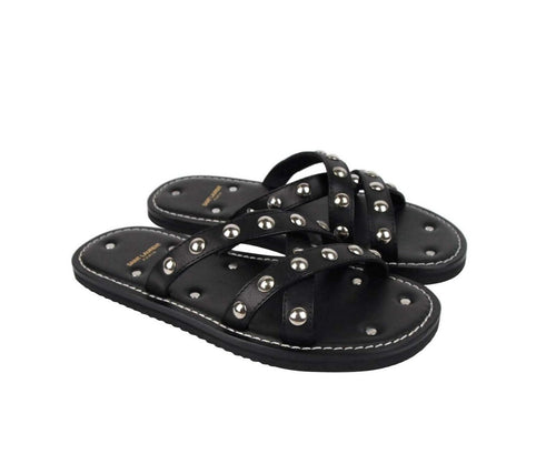 Saint Laurent Men's Black Leather Sandal With Silver Studs (39 EU / 6 US)