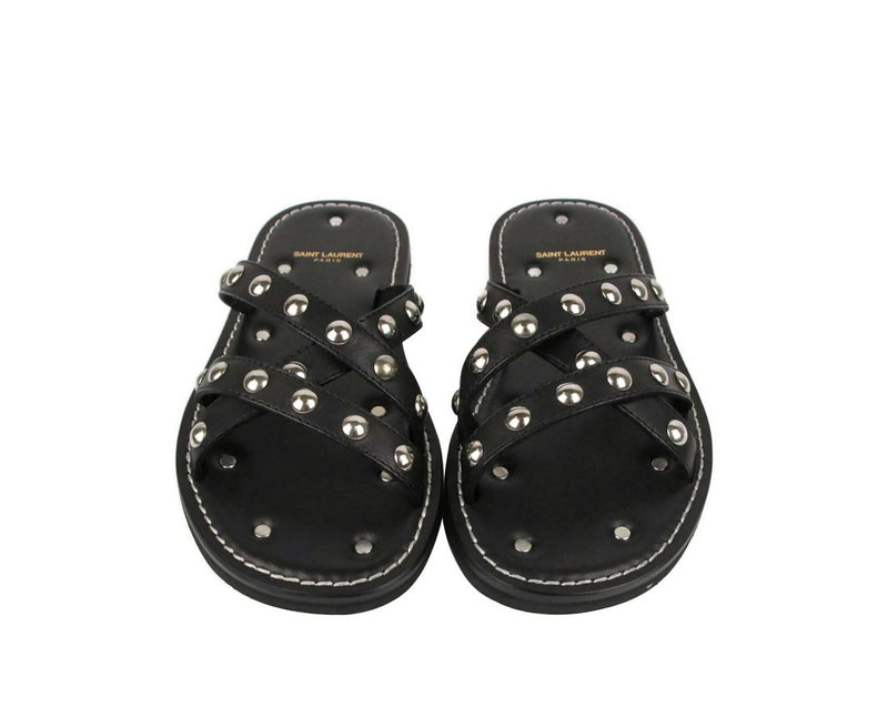 Saint Laurent Men's Black Leather Sandal With Silver Studs (39 EU / 6 US)