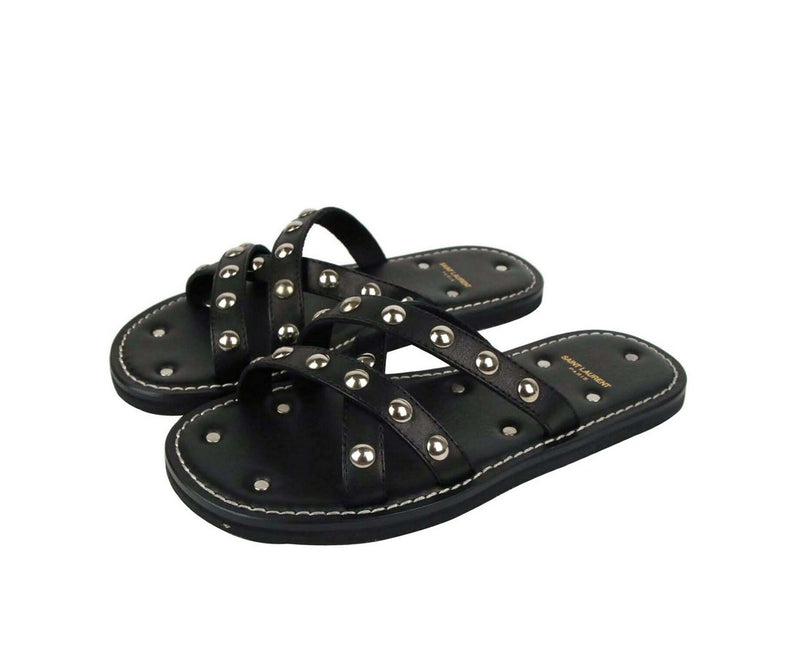 Saint Laurent Men's Black Leather Sandal With Silver Studs (39 EU / 6 US)