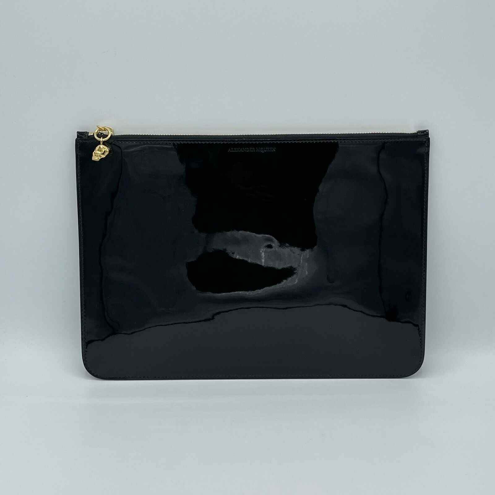 Alexander McQueen Women's Black Patent Leather Skull Charm Large Pouch