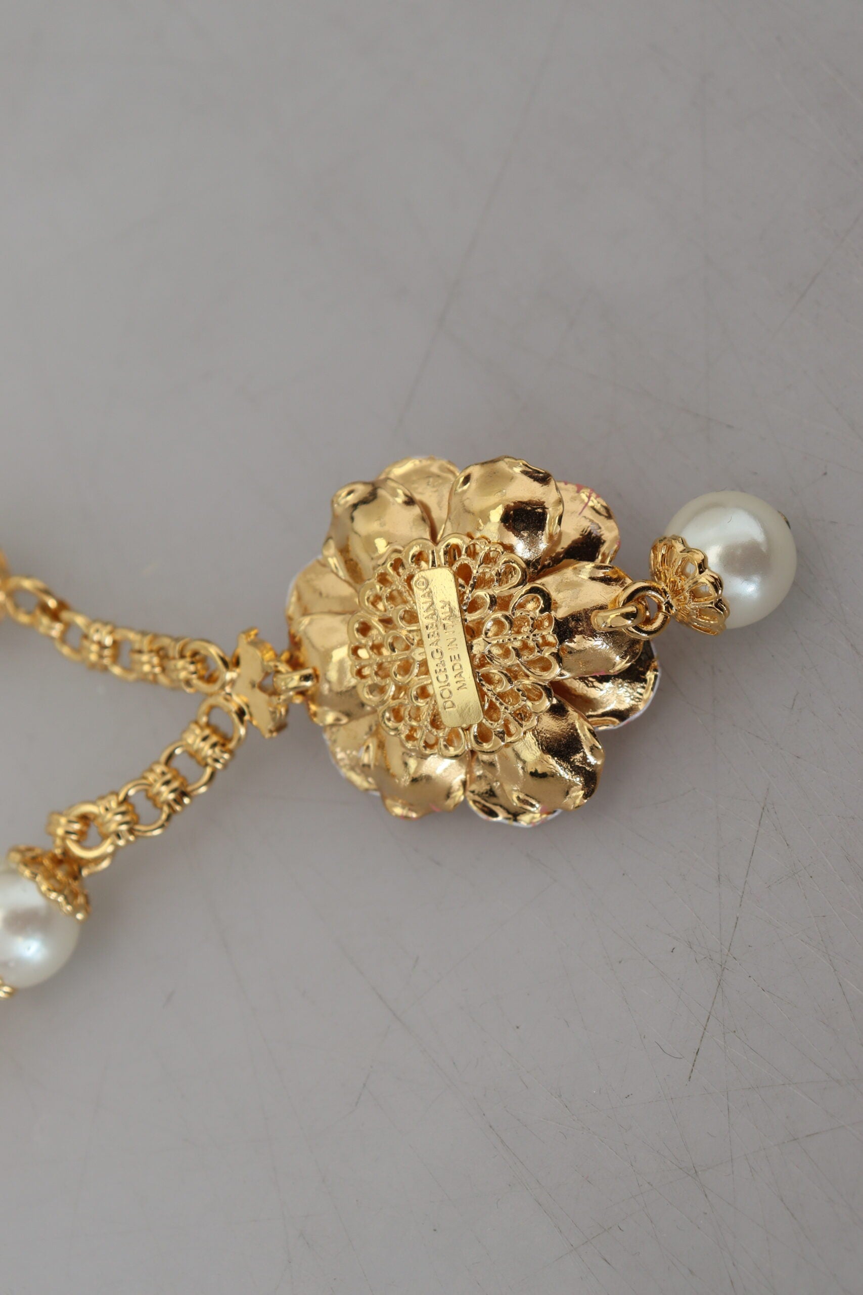 Dolce & Gabbana Gold Tone Floral Crystals Pink Embellished Women's Necklace