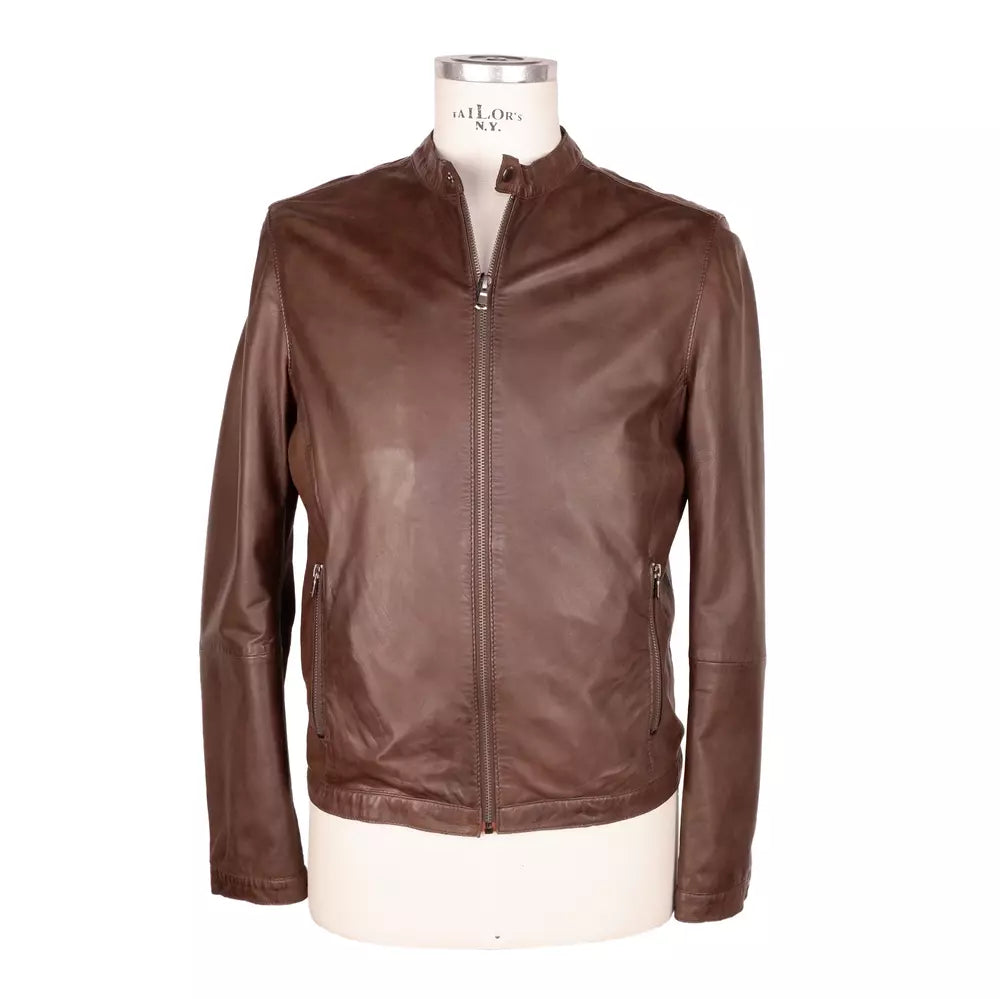 Emilio Romanelli Elegant Brown Leather Jacket with Snap Men's Collar