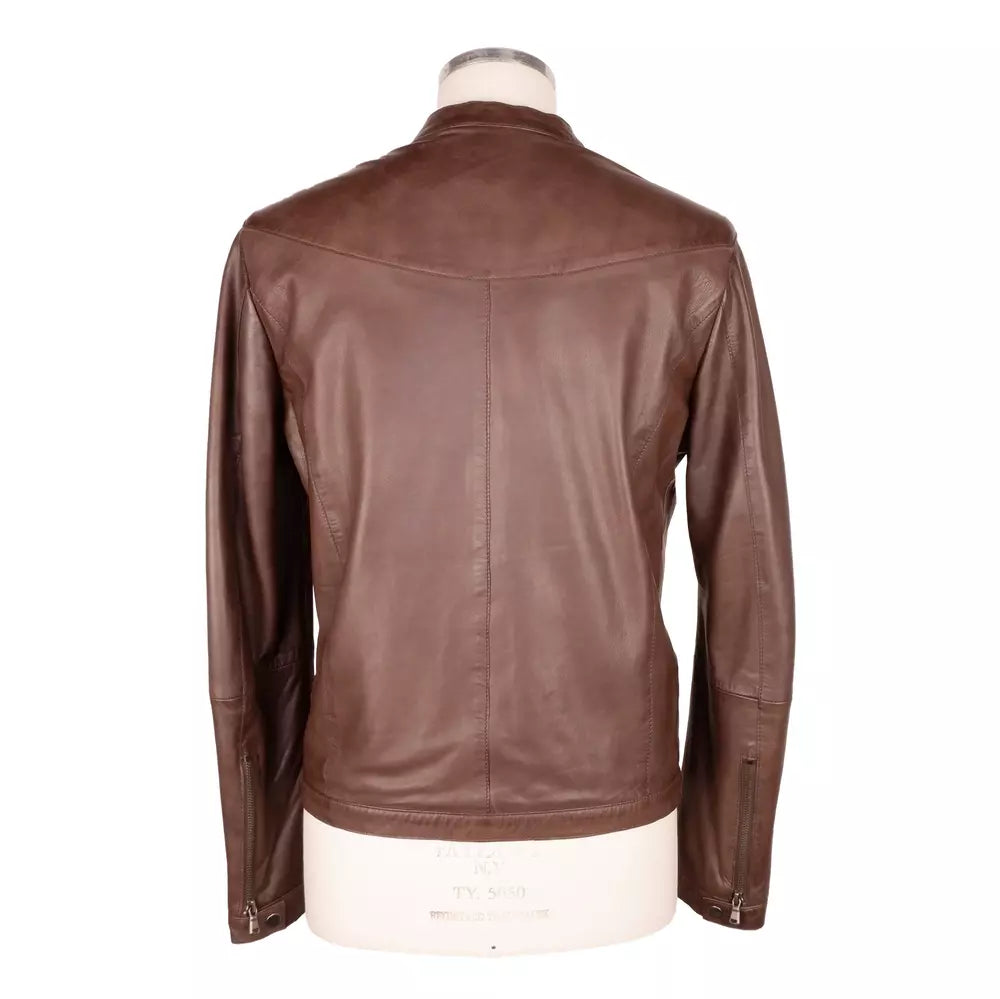 Emilio Romanelli Elegant Brown Leather Jacket with Snap Men's Collar