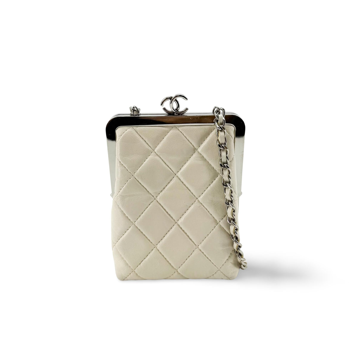 Chanel Cc Frame Clutch With Chain Quilted Lambskin And Plexiglass Beige Leather Clutche & Pouche Bag (Pre-Owned)