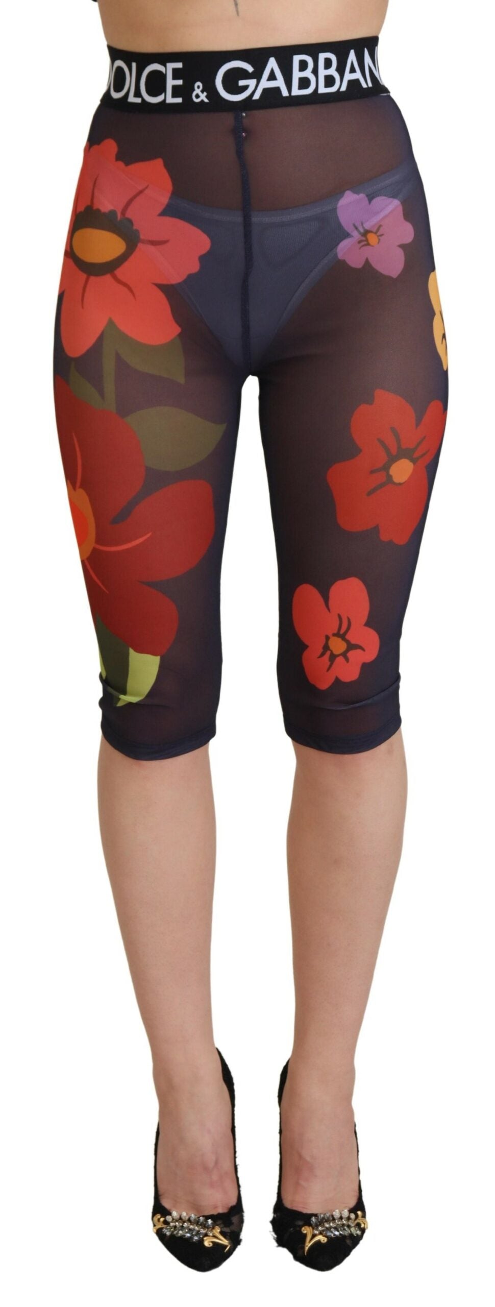 Dolce & Gabbana Black Floral Leggings Stretch Waist Women's Pants