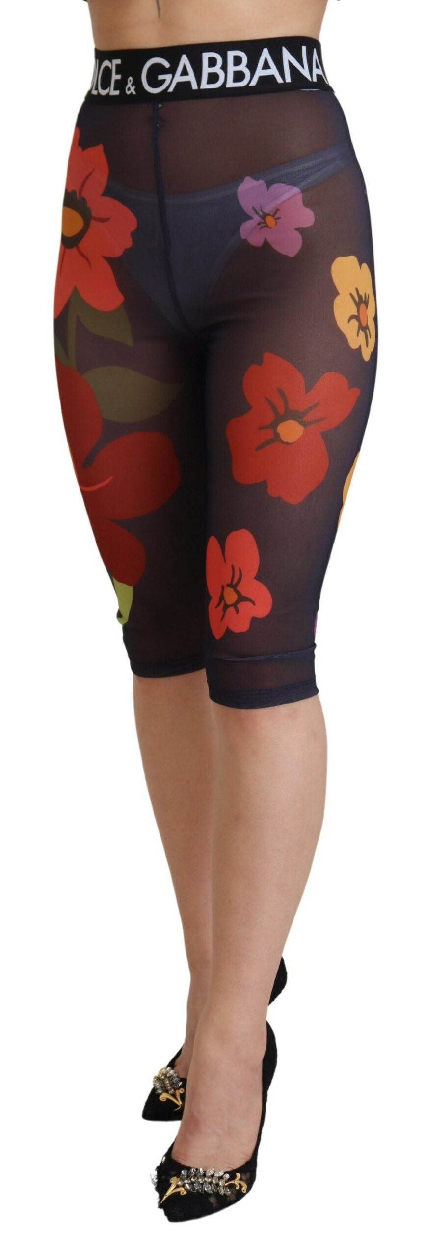 Dolce & Gabbana Black Floral Leggings Stretch Waist Women's Pants