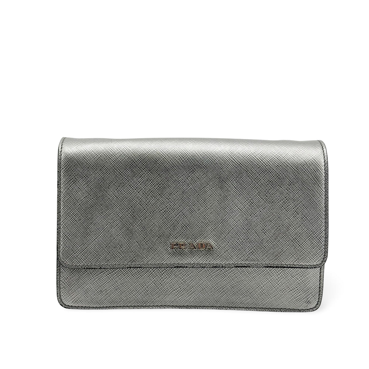 Prada Wallet On Strap Saffiano Leather Silver Leather Crossbody Bag Bag (Pre-Owned)