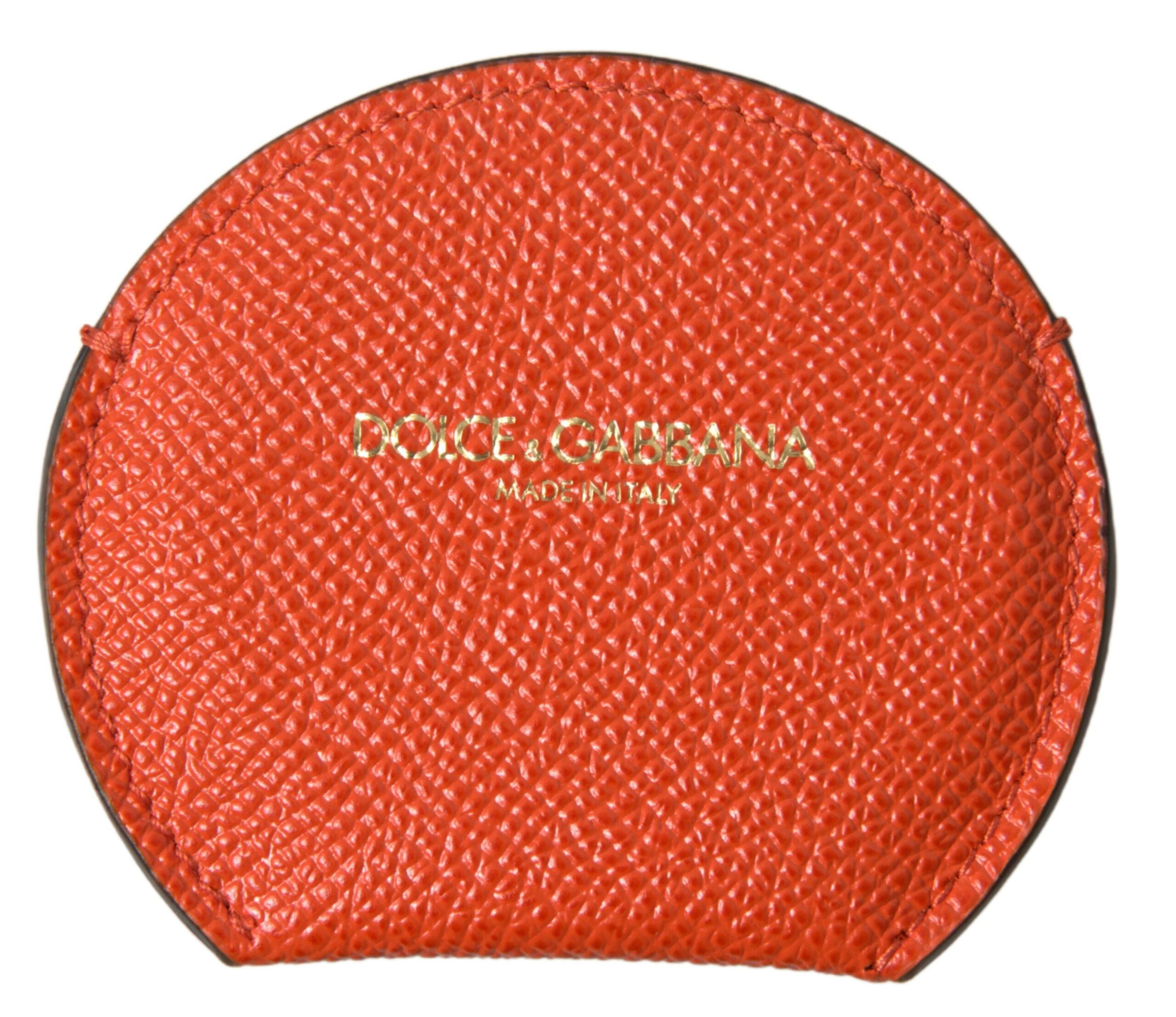 Dolce & Gabbana Orange Calfskin Leather Round Logo Hand Mirror Women's Holder