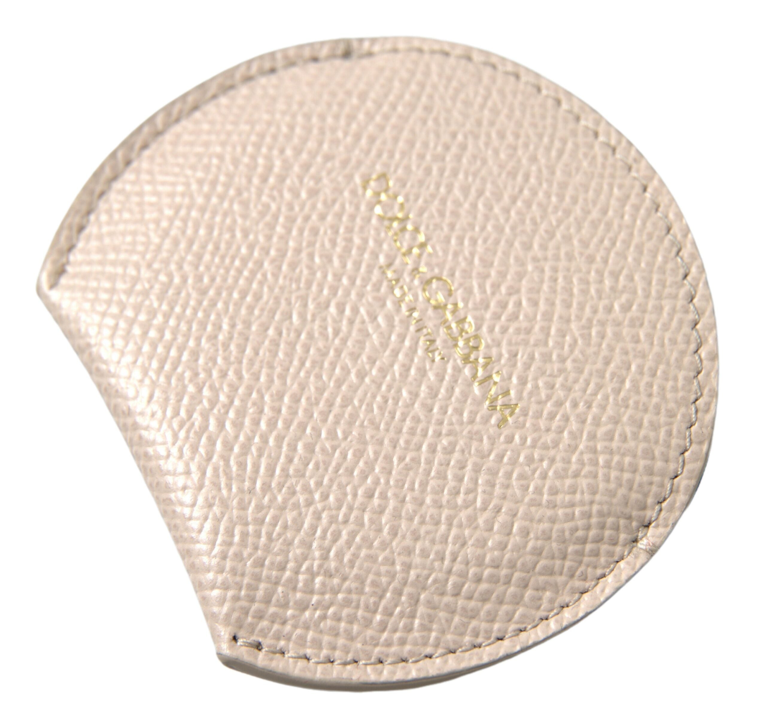 Dolce & Gabbana Beige Calfskin Leather Round Logo Hand Mirror Women's Holder