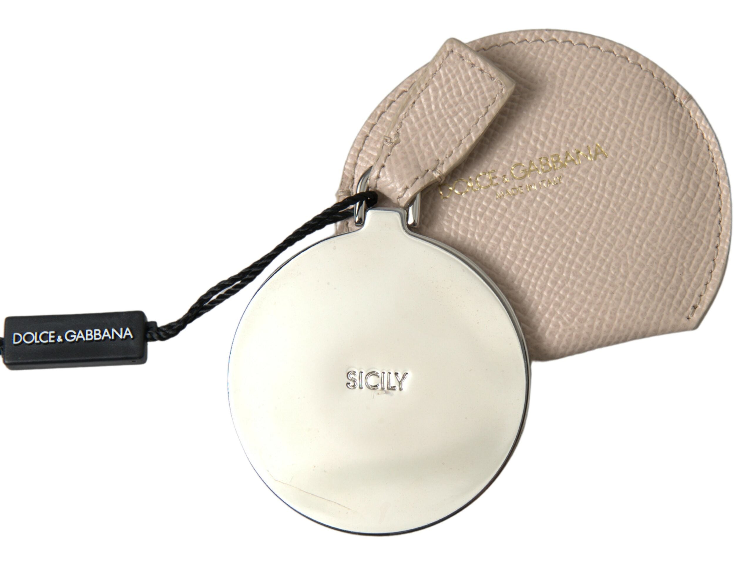 Dolce & Gabbana Beige Calfskin Leather Round Logo Hand Mirror Women's Holder
