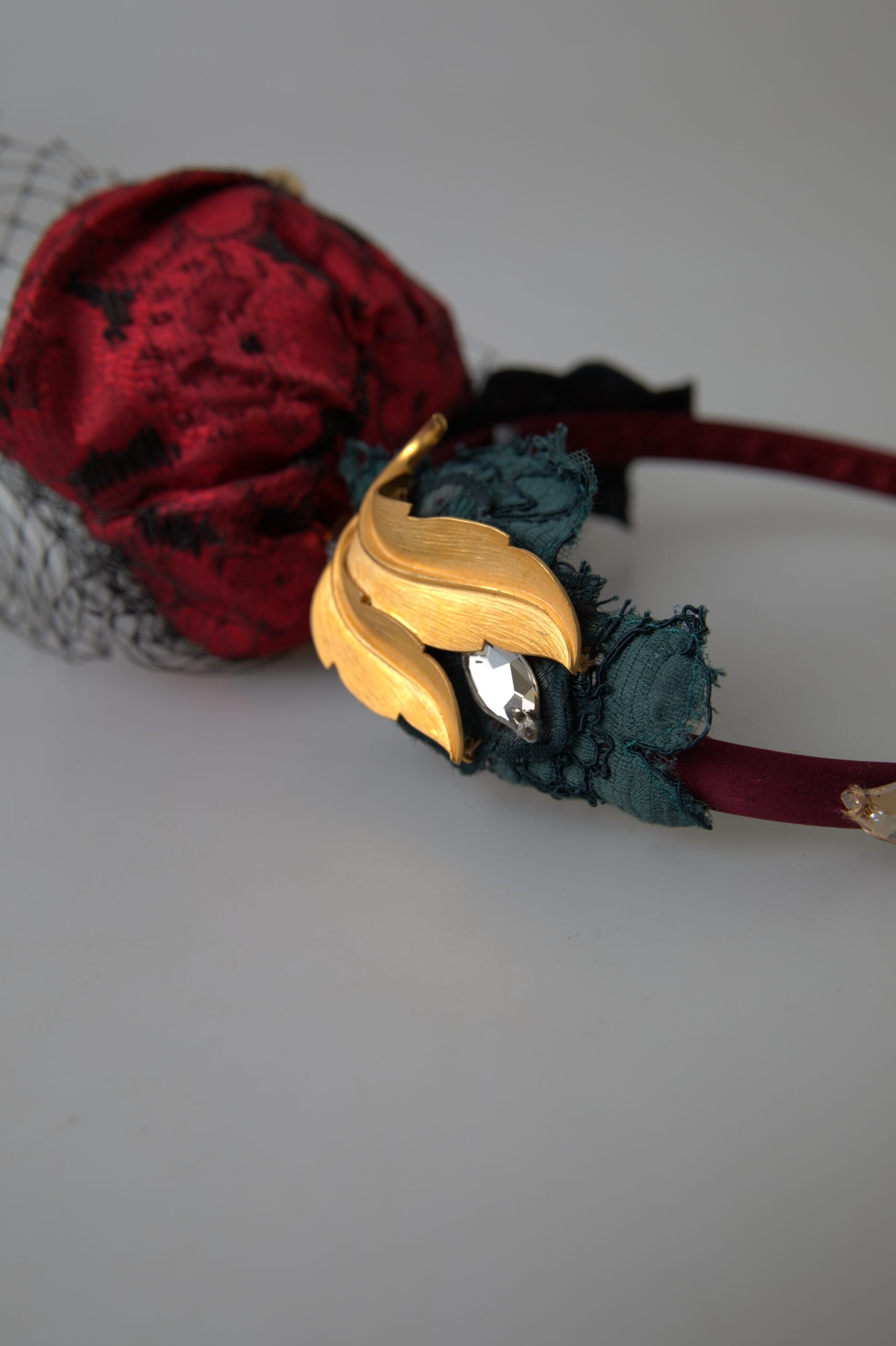 Dolce & Gabbana Red with multicolor Rose Silk Crystal Netted Logo Diadem Women's Headband