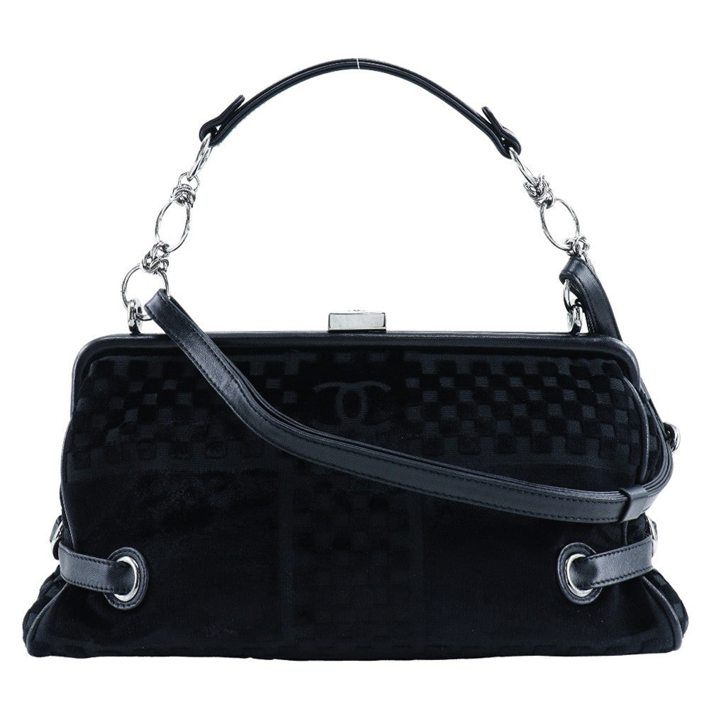 Chanel Vintage Cc Side Belted Bowler Check Embossed Velvet Black Velvet Shoulder Bag Bag (Pre-Owned)