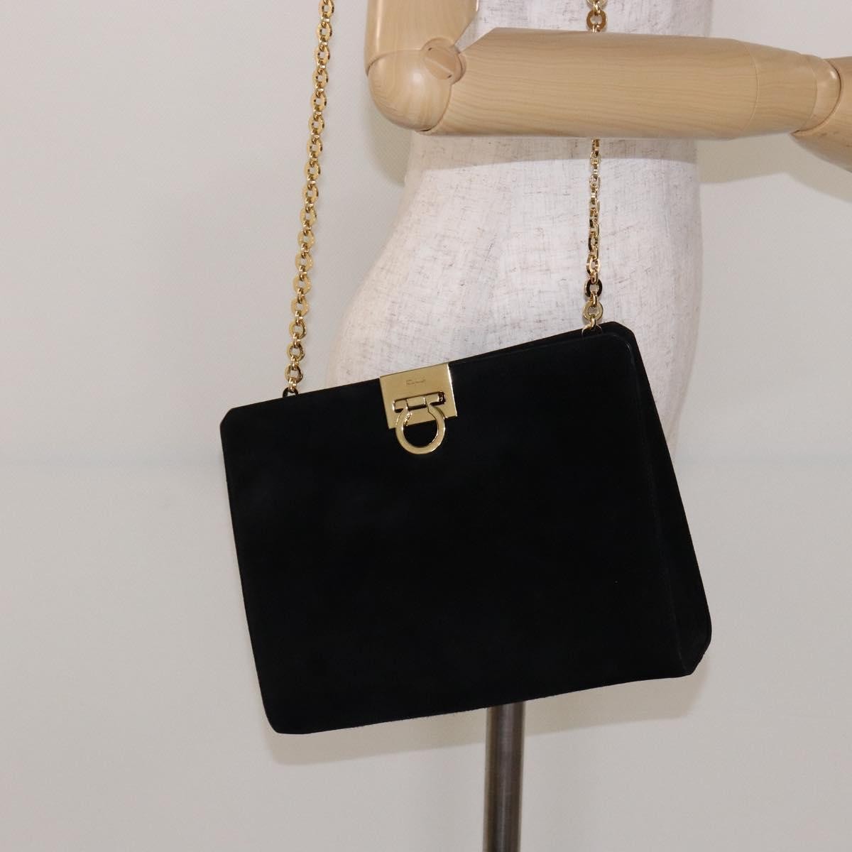 Salvatore Ferragamo Gancini Chain Suede Black Suede Shoulder Bag Bag (Pre-Owned)
