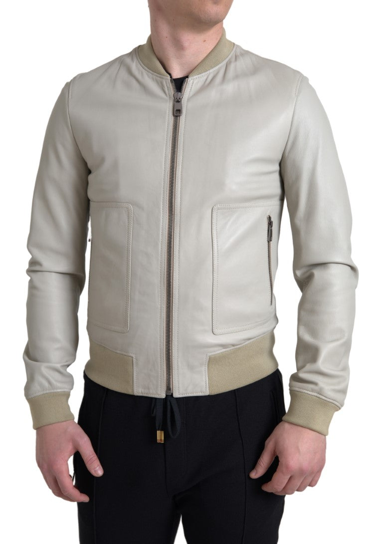 Dolce Gabbana Cream Leather Bomber Jacket