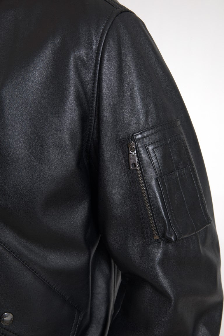 Dolce & Gabbana Black Leather Blouson Full Zip Bomber Men's Jacket