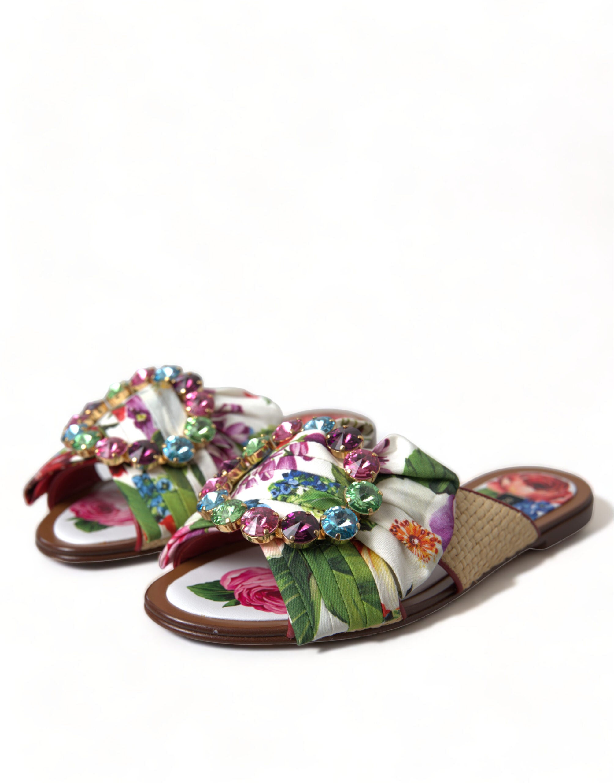 Dolce & Gabbana Multicolor Floral Flats Crystal Sandals Women's Shoes