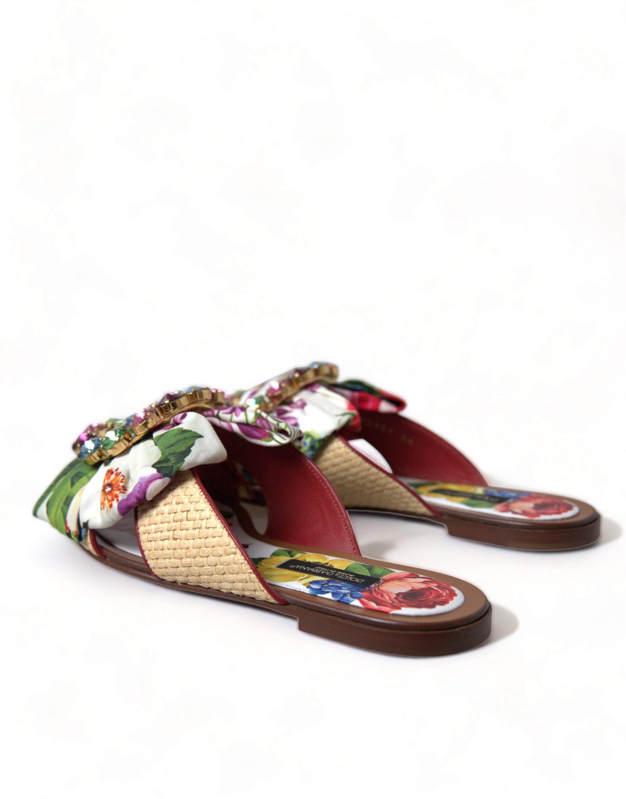 Dolce & Gabbana Multicolor Floral Flats Crystal Sandals Women's Shoes