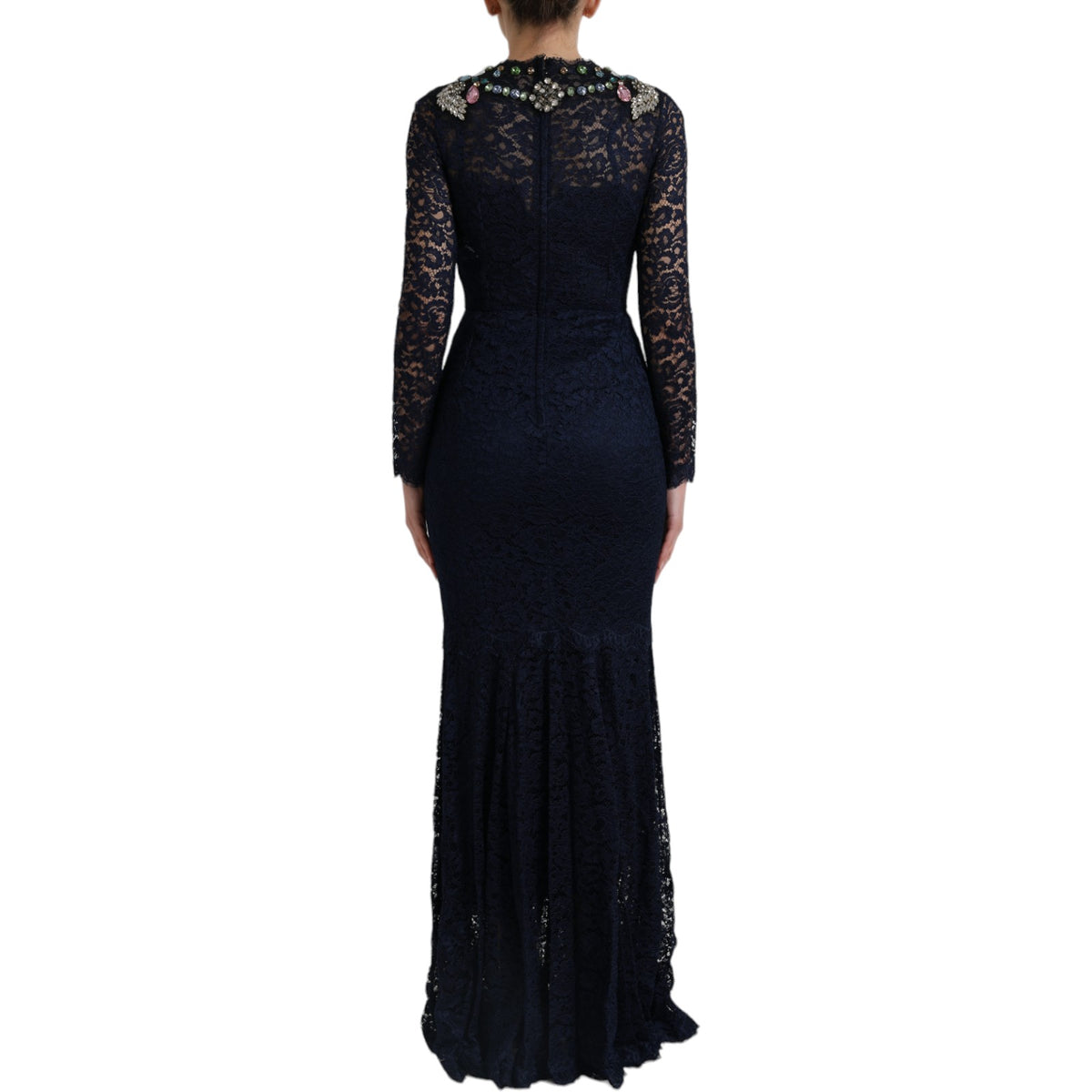 Dolce & Gabbana Blue Crystal Floral Lace Long Gown Women's Dress
