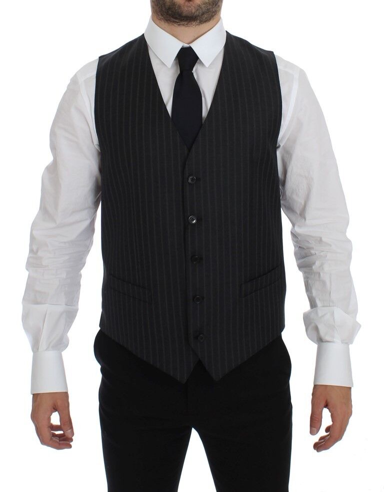 Dolce & Gabbana Elegant Gray Striped Wool Dress Men's Vest