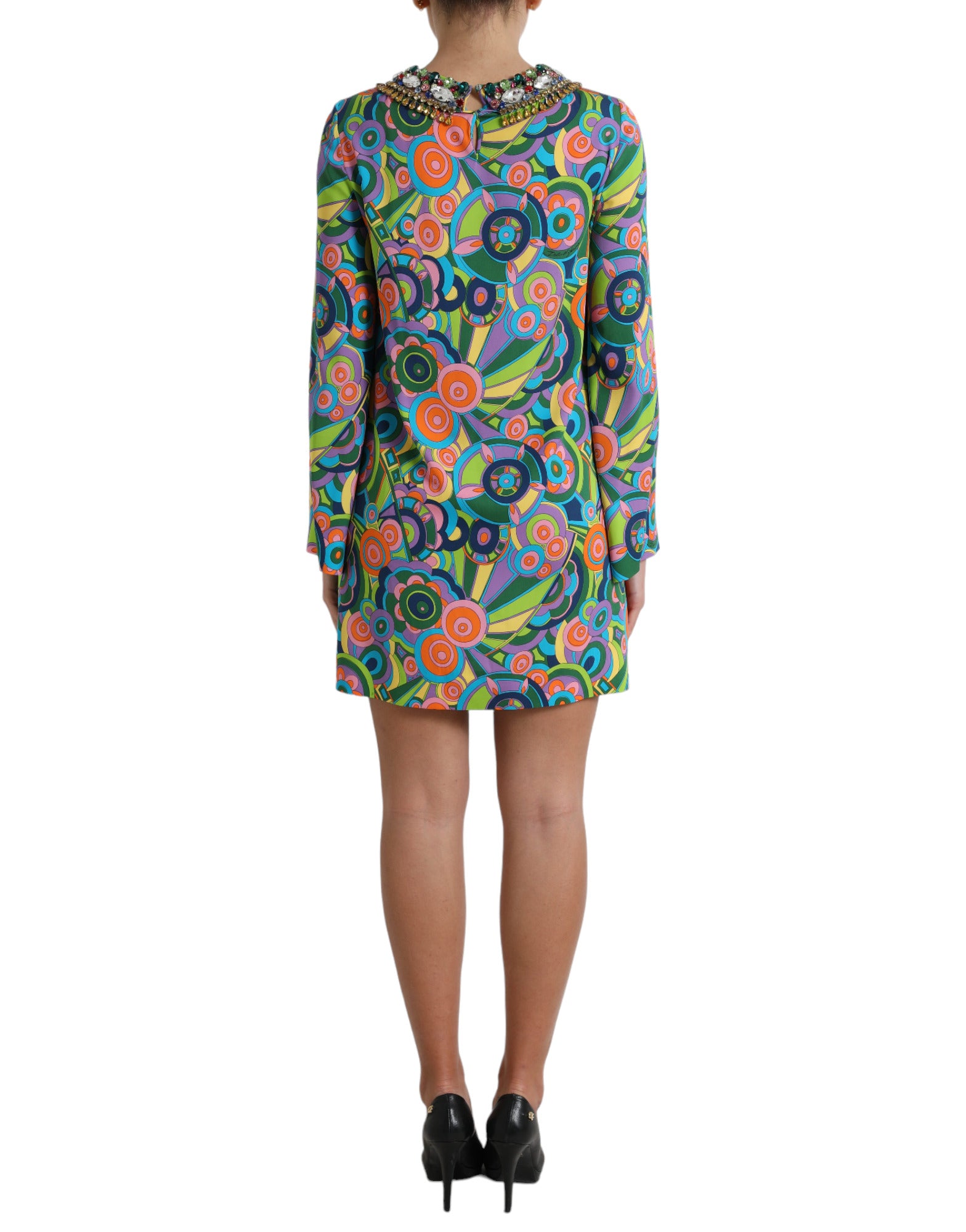 Dolce & Gabbana Multicolor Geometric Print Silk Crystals Midi Women's Dress