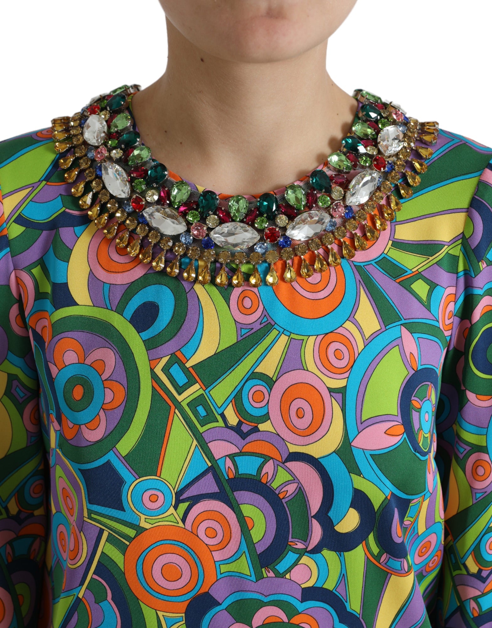 Dolce & Gabbana Multicolor Geometric Print Silk Crystals Midi Women's Dress