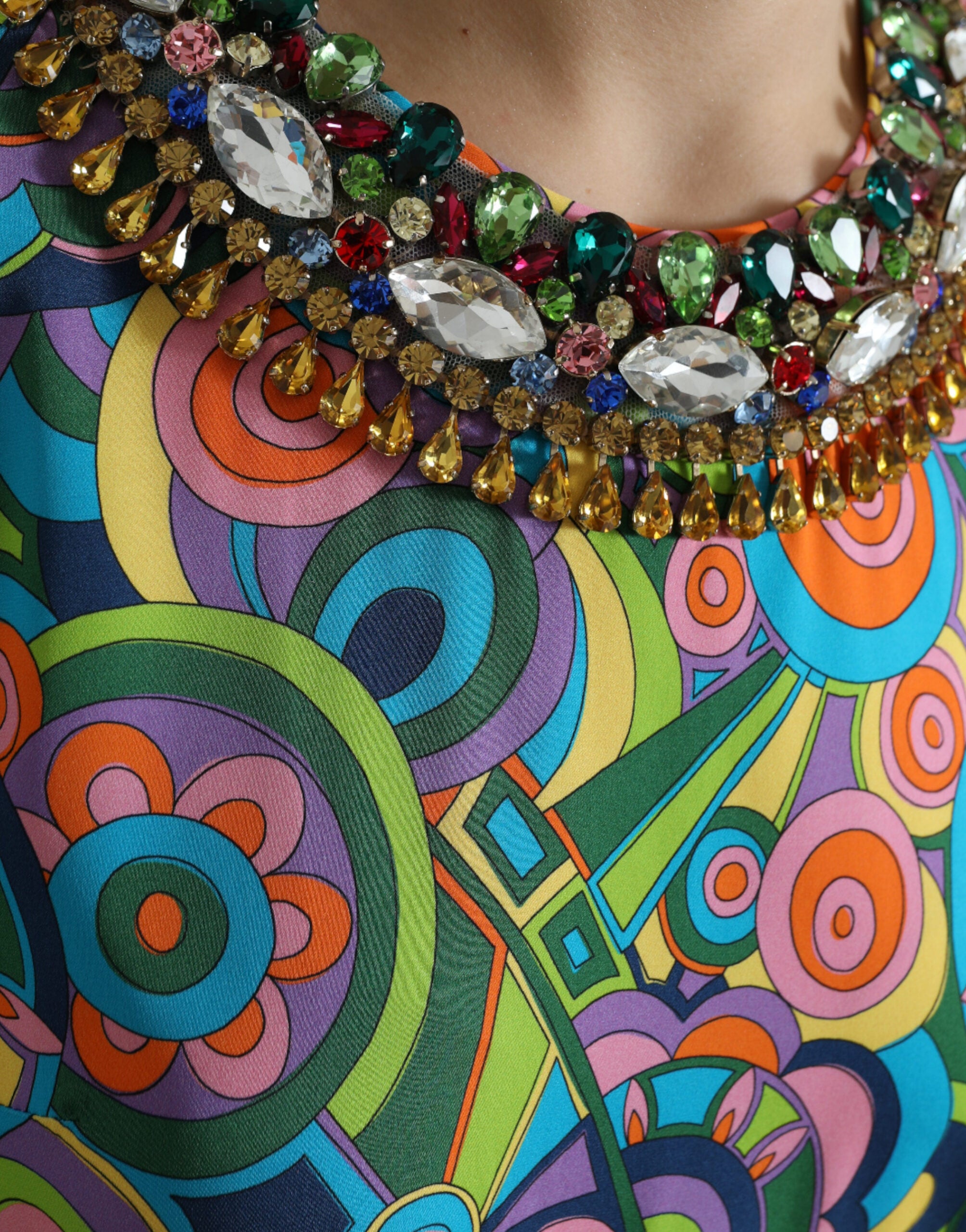 Dolce & Gabbana Multicolor Geometric Print Silk Crystals Midi Women's Dress