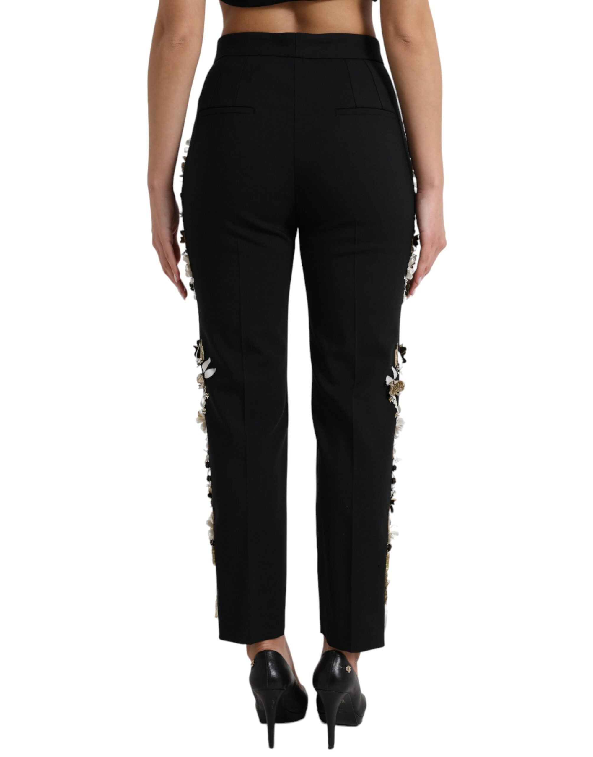 Dolce & Gabbana Black Floral Applique High Waist Tapered Women's Pants