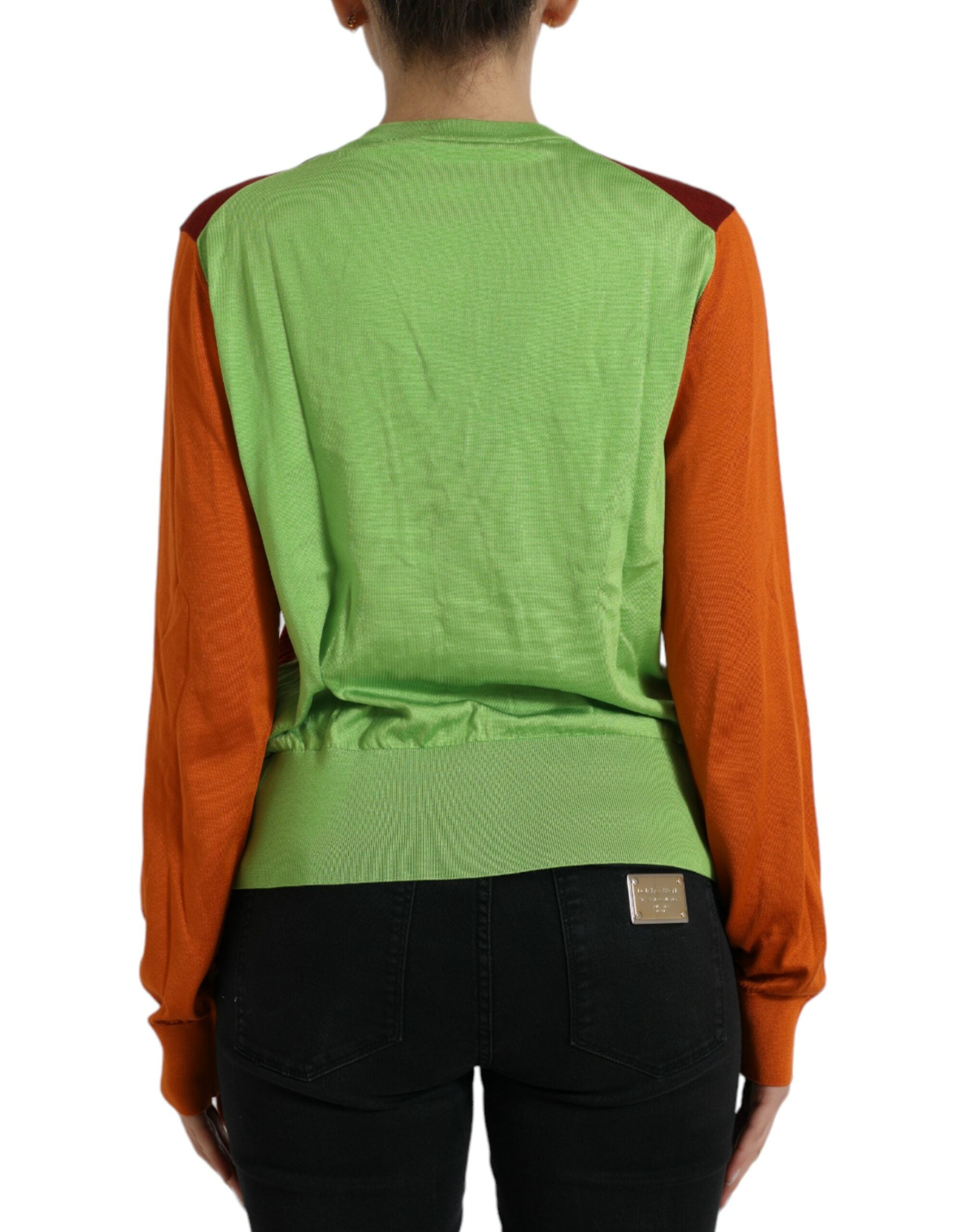 Dolce & Gabbana Multicolor Cardigan Color Block Silk Crewneck Women's Sweater