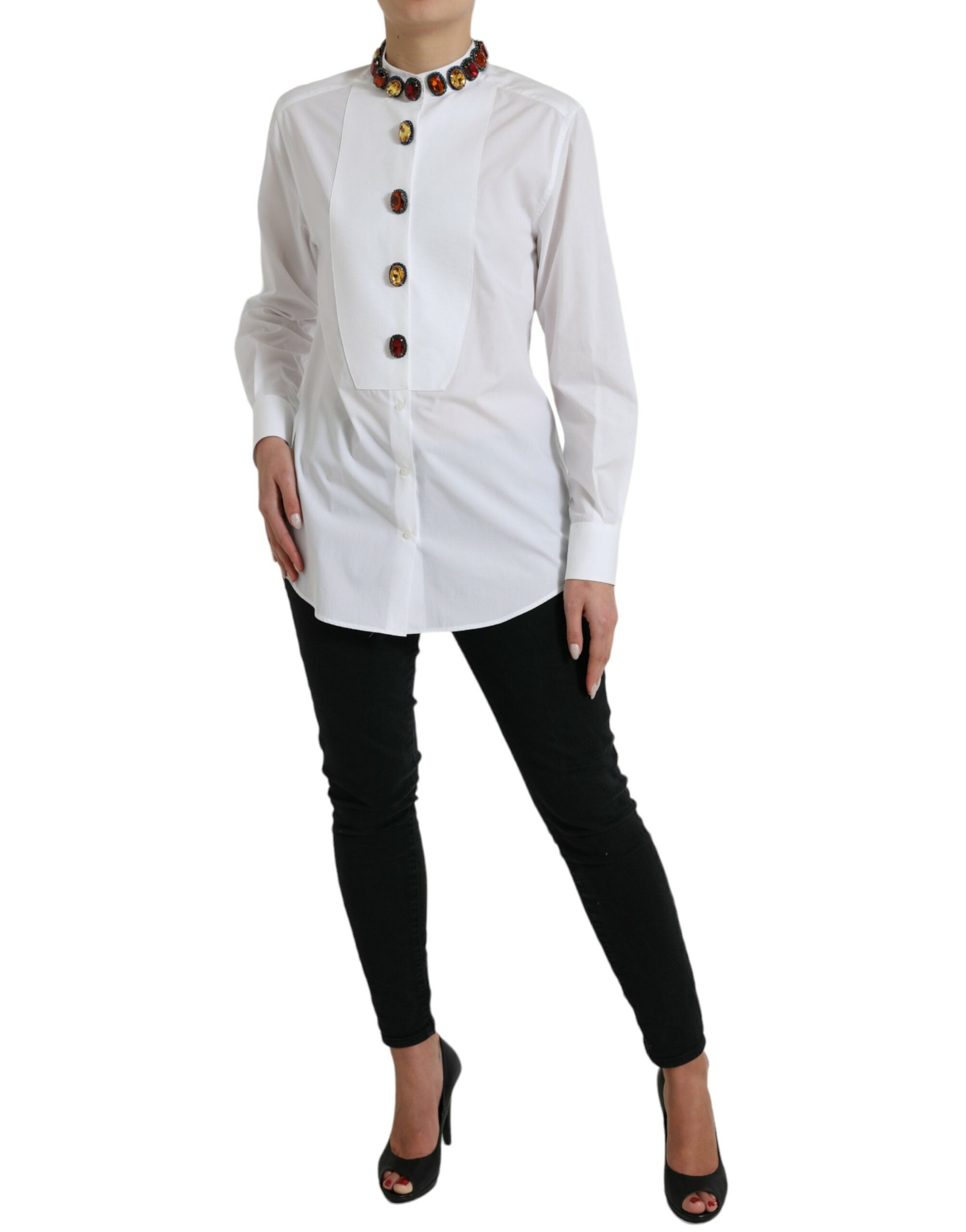 Dolce & Gabbana Elegant Crystal-Embellished White Cotton Women's Top