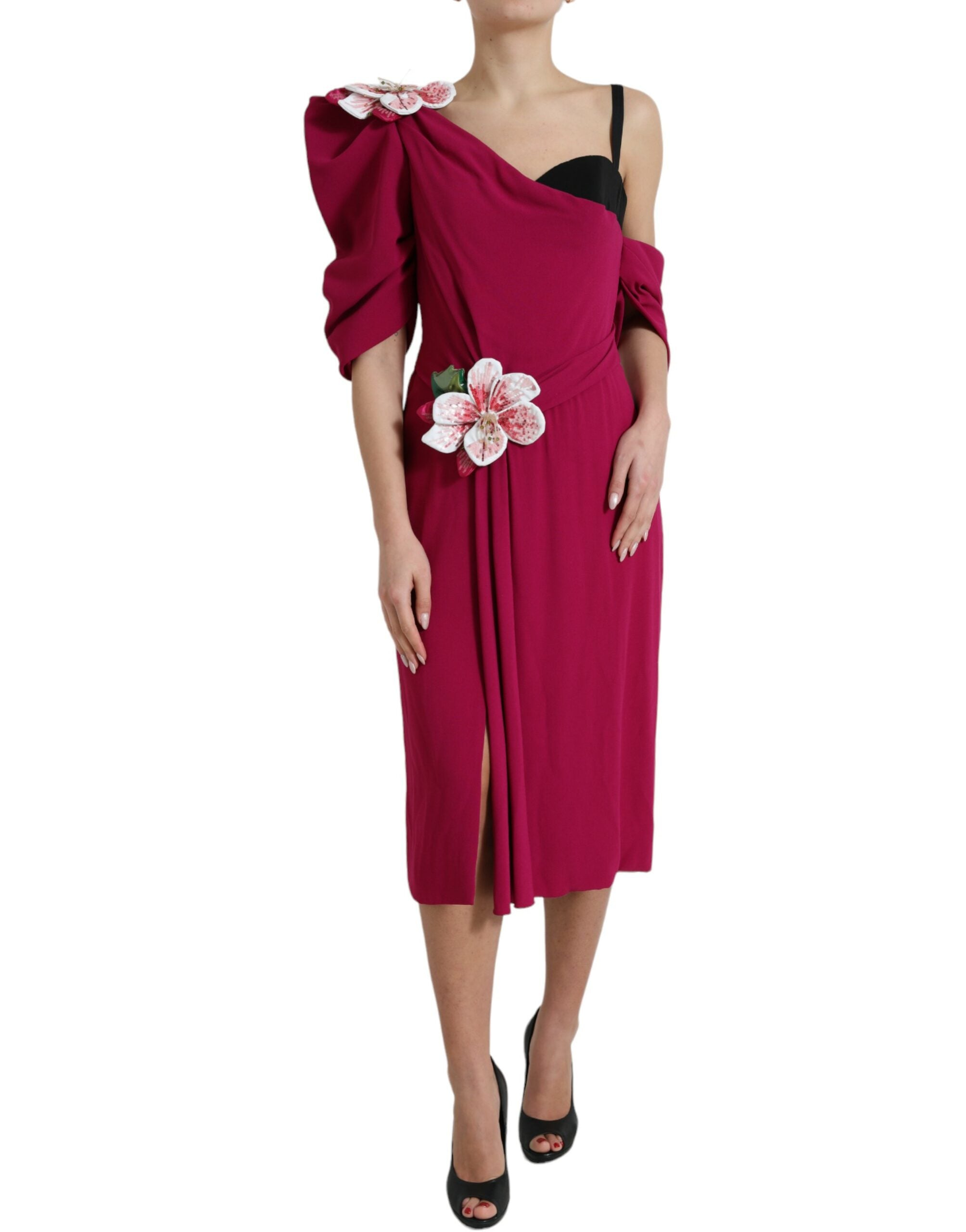 Dolce & Gabbana Purple Flower Embellished One Shoulder Women's Dress