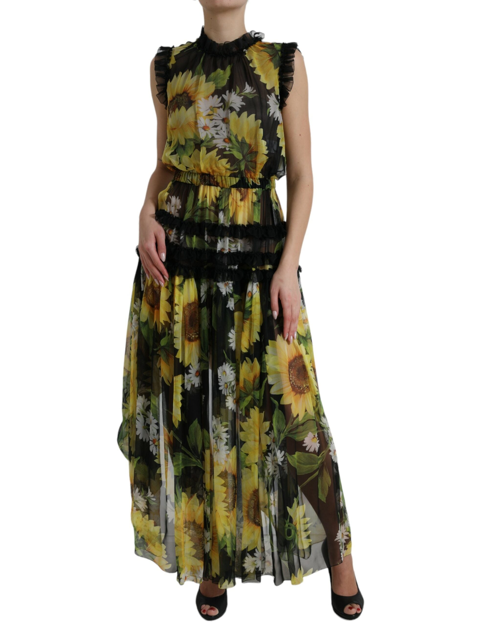 Dolce & Gabbana Black Sunflower A-line Pleated Maxi Women's Dress