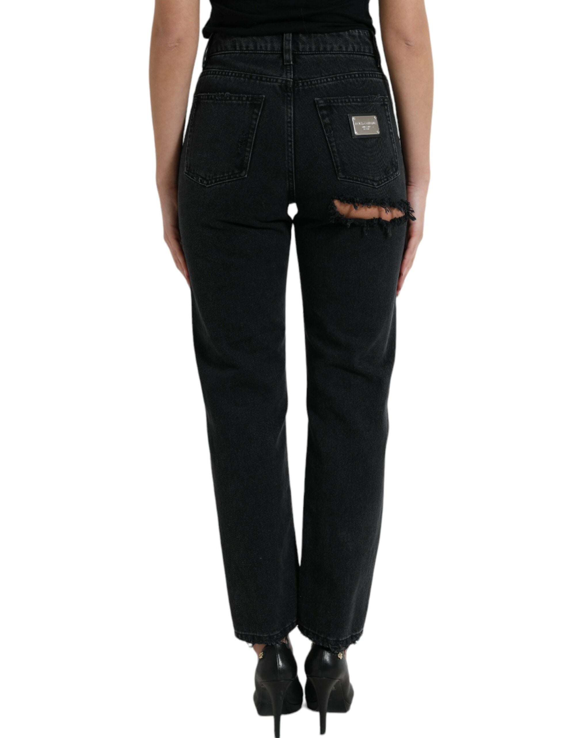 Dolce & Gabbana Black Cotton High Waist Tattered Denim Women's Jeans