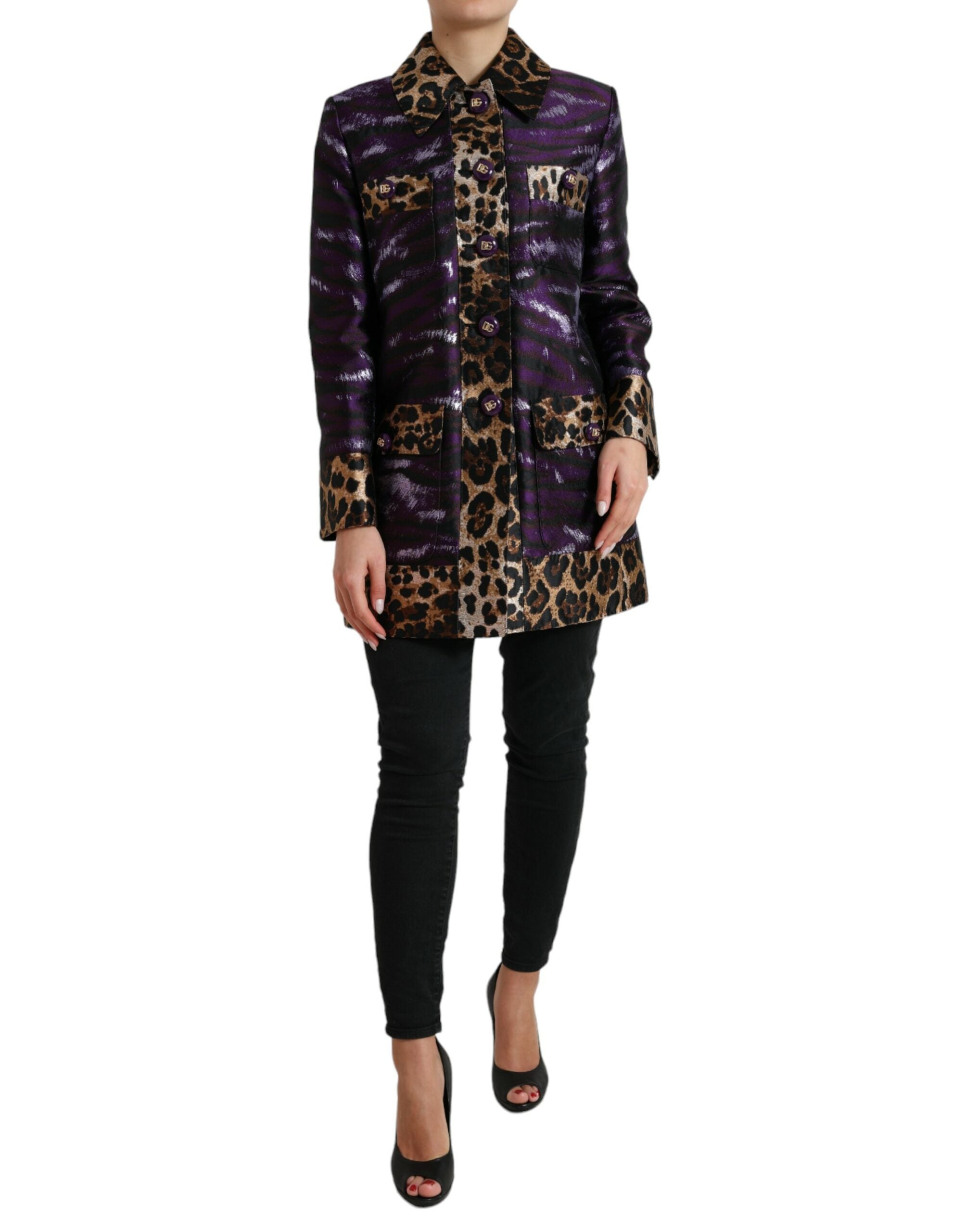 Dolce & Gabbana Purple Lamé Jacquard Tiger Print Coat Women's Jacket